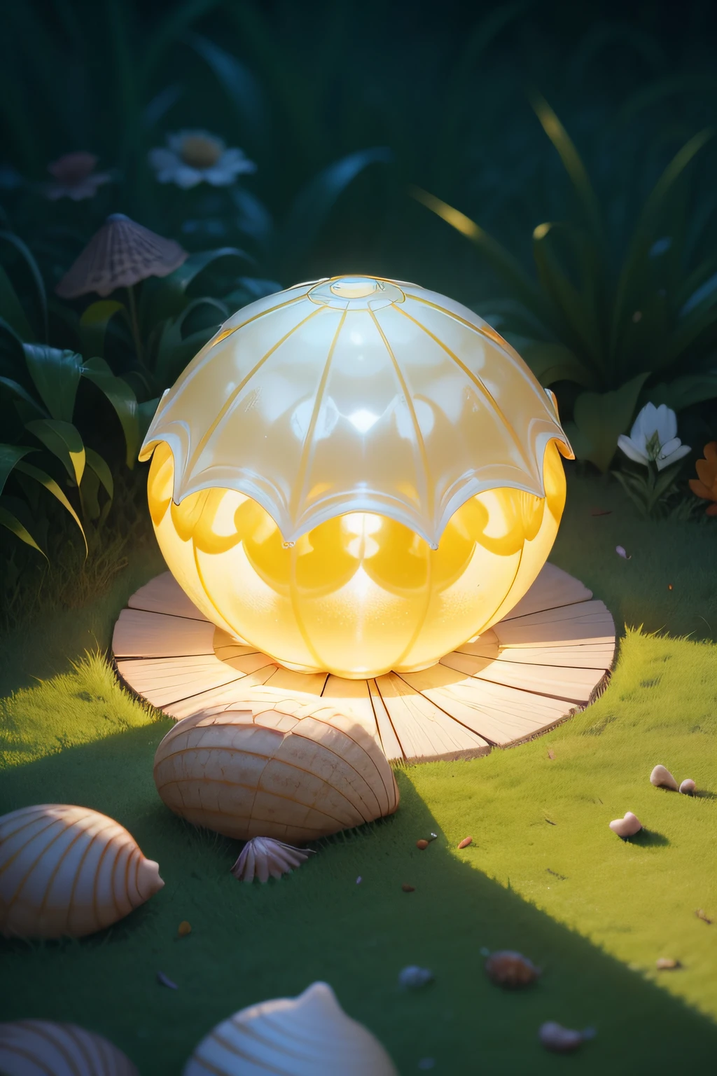 There is a shell that is sitting on the grass, concha, yellow artificial lighting, Concha grande, Concha do mar, spike shell, light casting onto the ground, Concha pontiaguda, concha de caracol, Cone de luz, illuminating the area, clamp shell lighting, caustics lighting from above, luz de baixo, glossy textured plastic shell, em um fundo escuro