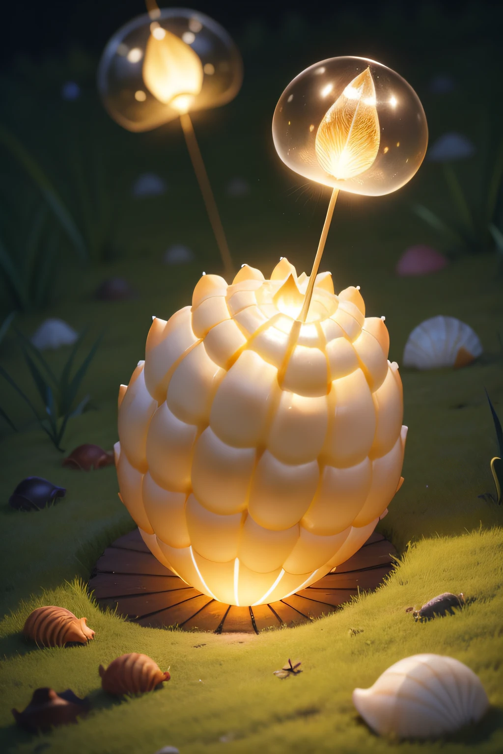There is a shell that is sitting on the grass, concha, yellow artificial lighting, Concha grande, Concha do mar, spike shell, light casting onto the ground, Concha pontiaguda, concha de caracol, Cone de luz, illuminating the area, clamp shell lighting, caustics lighting from above, luz de baixo, glossy textured plastic shell, em um fundo escuro
