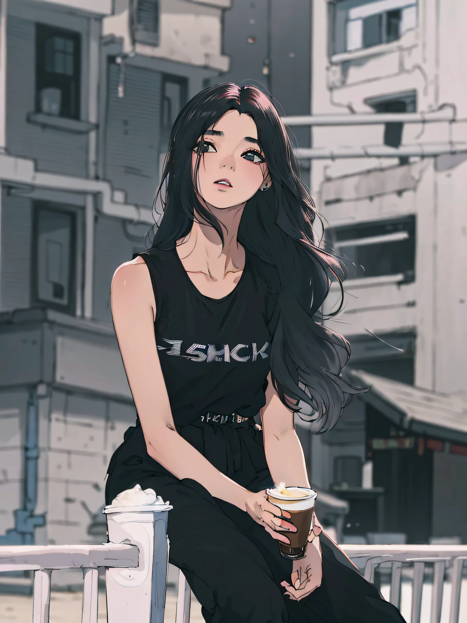 The Alafi woman sits on the railing drinking a cup of coffee, jisoo from blackpink, xision wu, jisoo of blackpink, Asian girl with long hair, With long black hair, korean women's fashion model, With long hair, ulzzangs, Gorgeous young Korean woman, she is wearing a black tank top, portrait jisoo blackpink, Korean girl