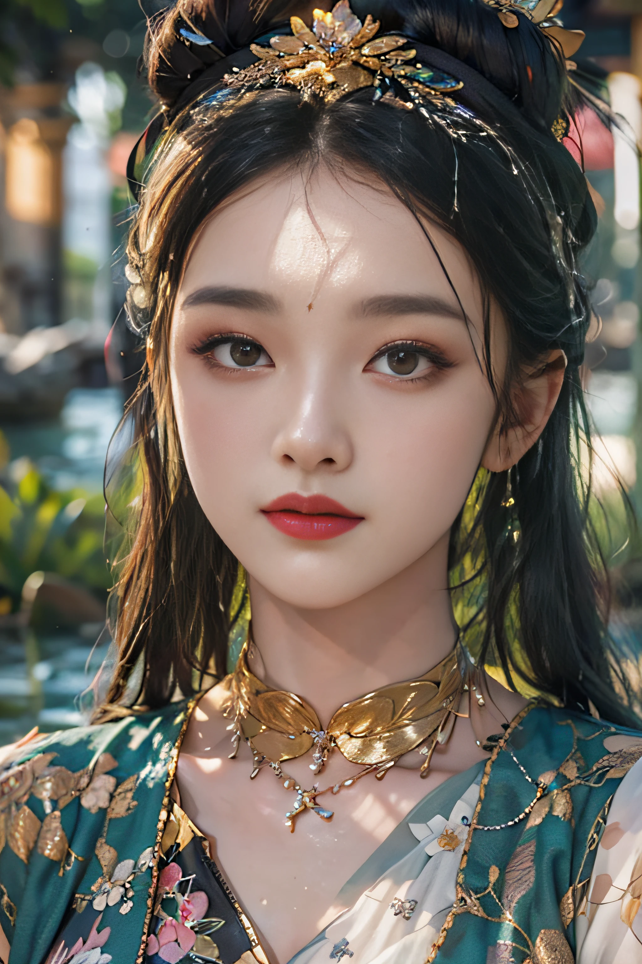 （Ultra-realistic 8K CG：1.2），Perfect artwork，delicate patterns，Complicated details，（Unbeatable masterpiece，Best quality at best：1.2），（（extremly intricate：1.2）Sharp images，Hyper Real，photorealestic，8K，high qulity，tmasterpiece，awardwinning，High-density imaging，unreal-engine，skin detailed，A woman，Background backlight，Lotus pond（Ultra-realistic water surface lighting effects），Realistic light and shadow particles，white colors（1:4. A small amount of emerald green）ethnic dress，（black color hair），Wear a bun on your head，Bust B，Wrap the chest，showing belly，Show one's butt，Very sexy，People soak in lotus ponds，F1.8，overhead photography，Shoot at a horizontal angle，Full body photo，True proportions，Delicate facial features