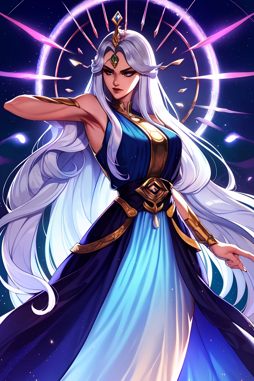 tmasterpiece, beste-Qualit, a handsome female, strict, Priestess of the Moon, silver dress, Long Dress, Long silver hair, sharp facial features, Scandinavian appearance, Селемена из Dota the Dragon Blood, Orus