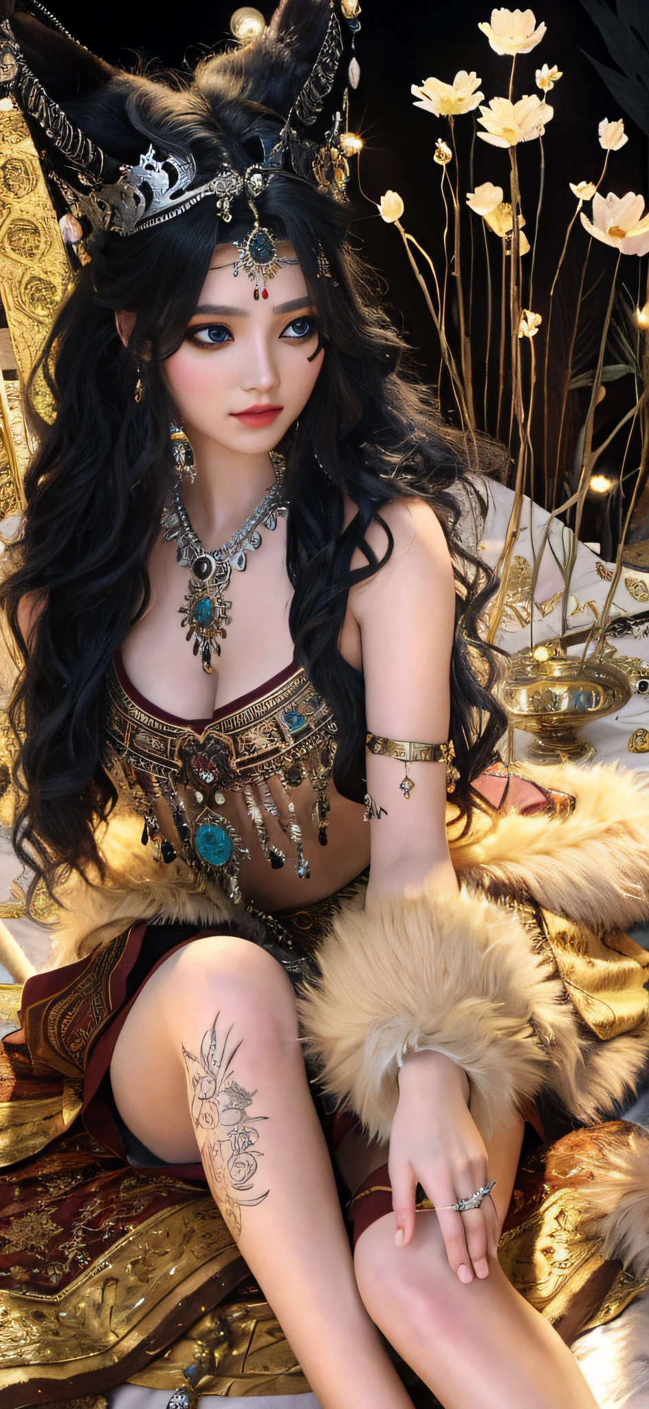 The dressed Arapi sits on a bed draped in fur, cinematic goddess close shot, she is dressed in shaman clothes, warrior princess, Goddess. Extremely high detail, barbarian warrior woman, gorgeous goddess of leo, ancient libu princess, very beautiful female barbarian, wearing intricate fur armor, a beautiful fantasy empress, warrioress, gothic maiden shaman, Super big eyes,roundly eyes