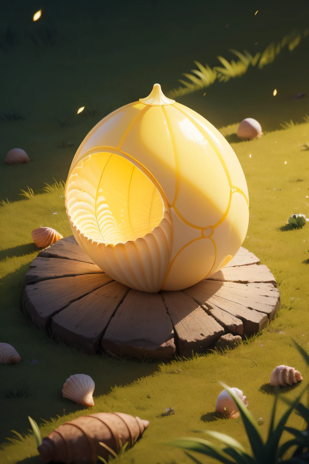 There is a shell that is sitting on the grass, concha, yellow artificial lighting, Concha grande, Concha do mar, spike shell, light casting onto the ground, Concha pontiaguda, concha de caracol, Cone de luz, illuminating the area, clamp shell lighting, caustics lighting from above, luz de baixo, glossy textured plastic shell, em um fundo escuro