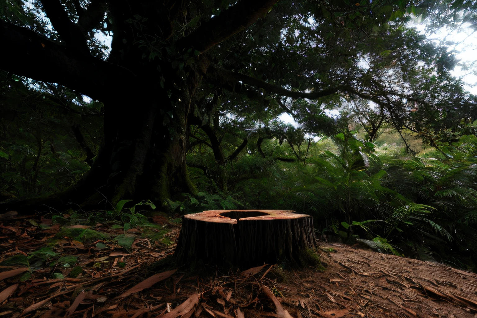Uma selva, com uma macieira realista cortada, no meio da imagem, few roots near and sample to the stump, destaque no centro, seco, em destaque, monochromatic, giant trees, obra-prima, melhor qualidade, alta qualidade, papel de parede 8k de unidade CG extremamente detalhado, oil-painting, fotografia premiada, HDR, bloom, chromatic aberration, fotorrealista, extremamente detalhado, trending on ArtStation, trend at CGSociety, intrincado, alto detalhe, dramatic, arte no meio da jornada, volumeric lighting, apple tree cut into tree stump shape