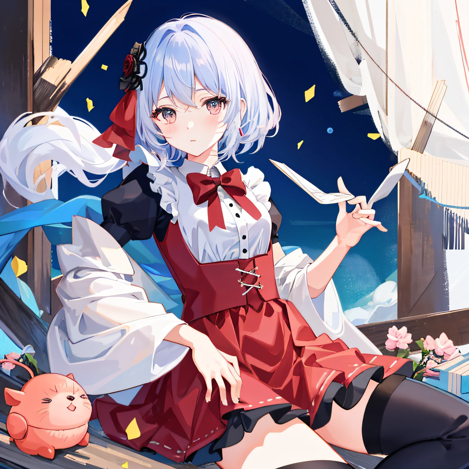 Tsundere、quadratic element、Small loli、with short black hair、Bright eyes、Small round face、upturned eyebrows、Fair and smooth skin。 Sweet、Lolita style、Puffy skirt、Lace、Bow knot、The color is bright、Cute style、In pink、blue colors、red colour、lace legwear、tigh-high boots、Cute accessories、Bow hairpins、neck chain、bangle、school ground、Anime Carnival。Falling streamers and debris，a sense of atmosphere。absurderes, A high resolution, Ultra detailed, elegant flourishes, and a sense of craftsmanship and skill,。Anime girl in maid costume sitting on a branch, Beautiful anime girl, seductive anime girls, cute anime waifu in a nice dress, pretty anime girl, attractive anime girls, Cute anime girl, beautiful and seductive anime woman, (Anime girl), Anime girl, Kawasi, Guweiz in Pixiv ArtStation, Extremely detailed Artgerm
