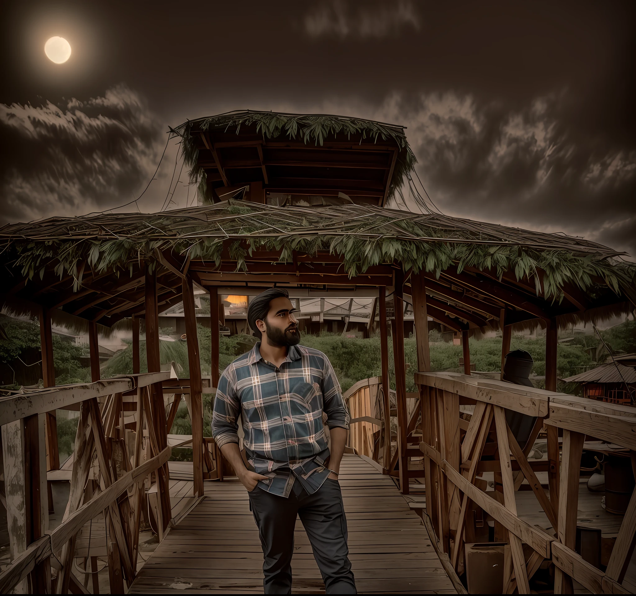 medium shot photo of a mix of (SheeroA:0.8), and (santa costume:0.5) sks man, (nice cleavage:1.1), intricate steampunk+ city, evening, dark, atmospheric, mist, best quality masterpiece, photorealistic, detailed, 8k, HDR, shallow depth of field, broad light, high contrast, backlighting, bloom, light sparkles, chromatic aberration, sharp focus, RAW color photo,
