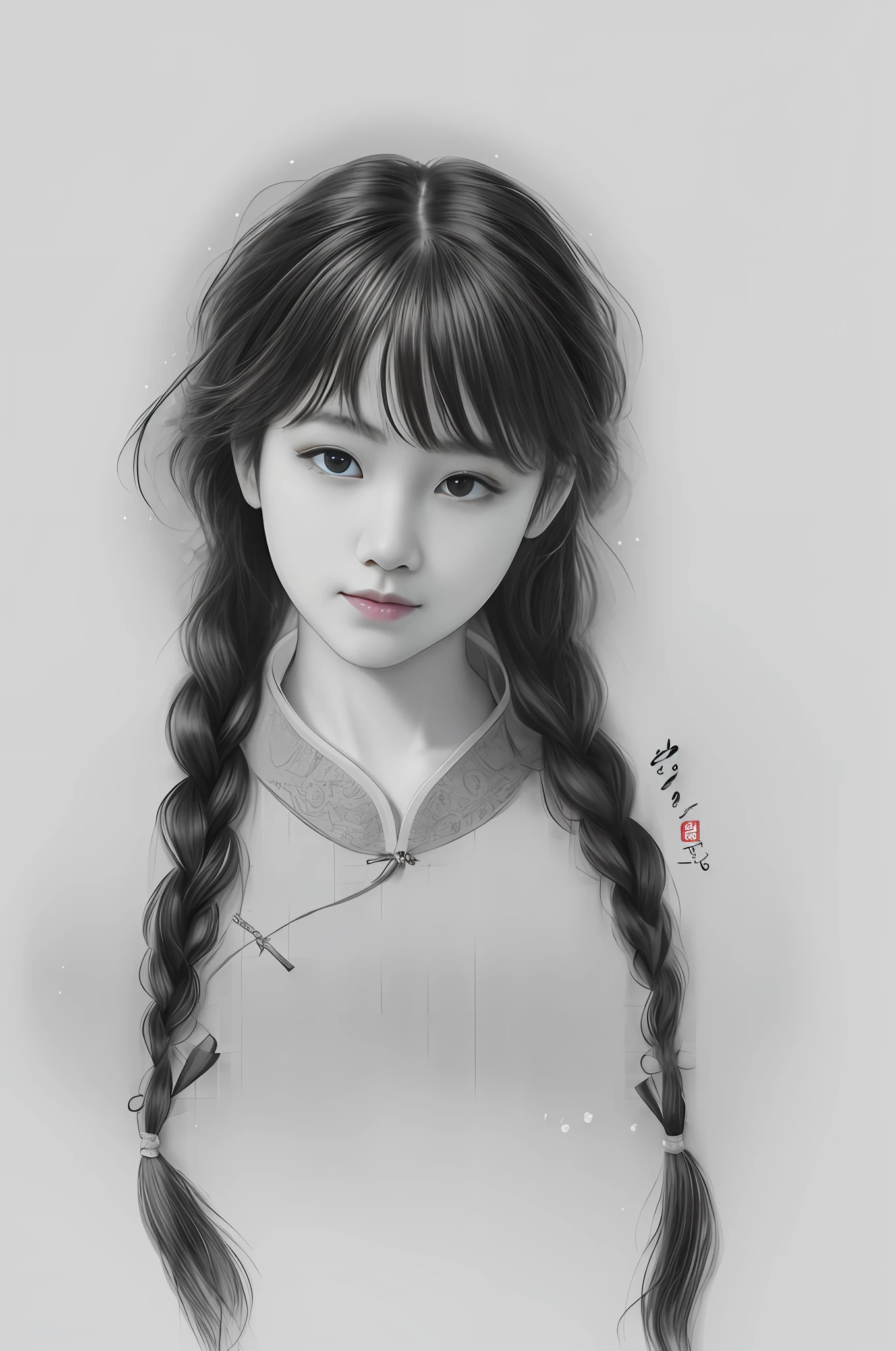 a drawing,It depicts a girl with long hair tied into braids, digital pencil painting, Realistic cute girl painting, inspired by Zhu Derun, inspired by Du Qiong, inspired by Li Mei-shu, inspired by Zhang Yan, inspired by Li Fangying, inspired by Mei Qing, inspired by Yun Du-seo, inspired by Yao Tingmei, Inspired by Tang Yifen