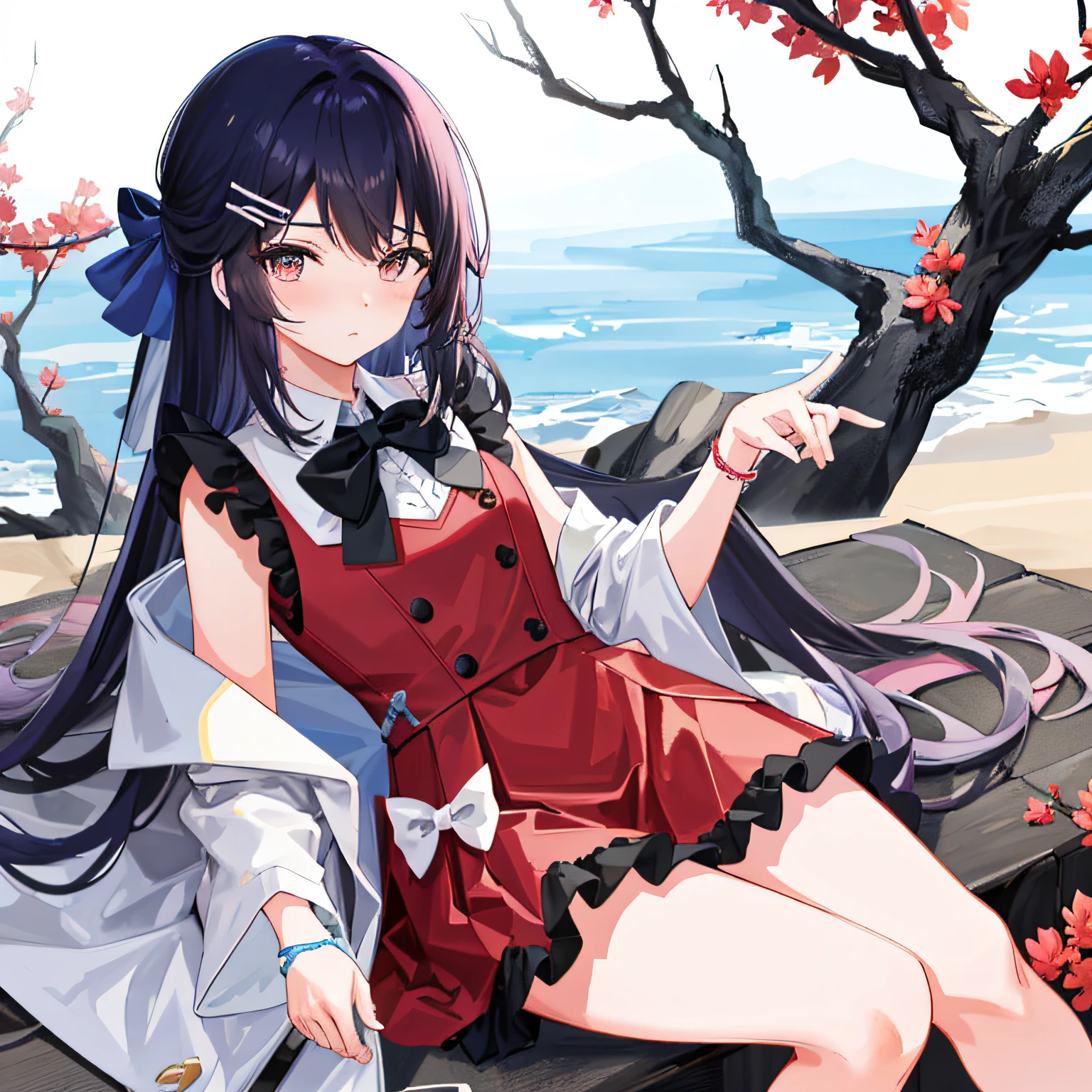 Tsundere、quadratic element、Small loli、with short black hair、Bright eyes、Small round face、upturned eyebrows、Fair and smooth skin。 Sweet、Lolita style、Puffy skirt、Lace、Bow knot、The color is bright、Cute style、In pink、blue colors、red colour、lace legwear、tigh-high boots、Cute accessories、Bow hairpins、neck chain、bangle、school ground、Anime Carnival。Falling streamers and debris，a sense of atmosphere。absurderes, A high resolution, Ultra detailed, elegant flourishes, and a sense of craftsmanship and skill,。Anime girl in maid costume sitting on a branch, Beautiful anime girl, seductive anime girls, cute anime waifu in a nice dress, pretty anime girl, attractive anime girls, Cute anime girl, beautiful and seductive anime woman, (Anime girl), Anime girl, Kawasi, Guweiz in Pixiv ArtStation, Extremely detailed Artgerm