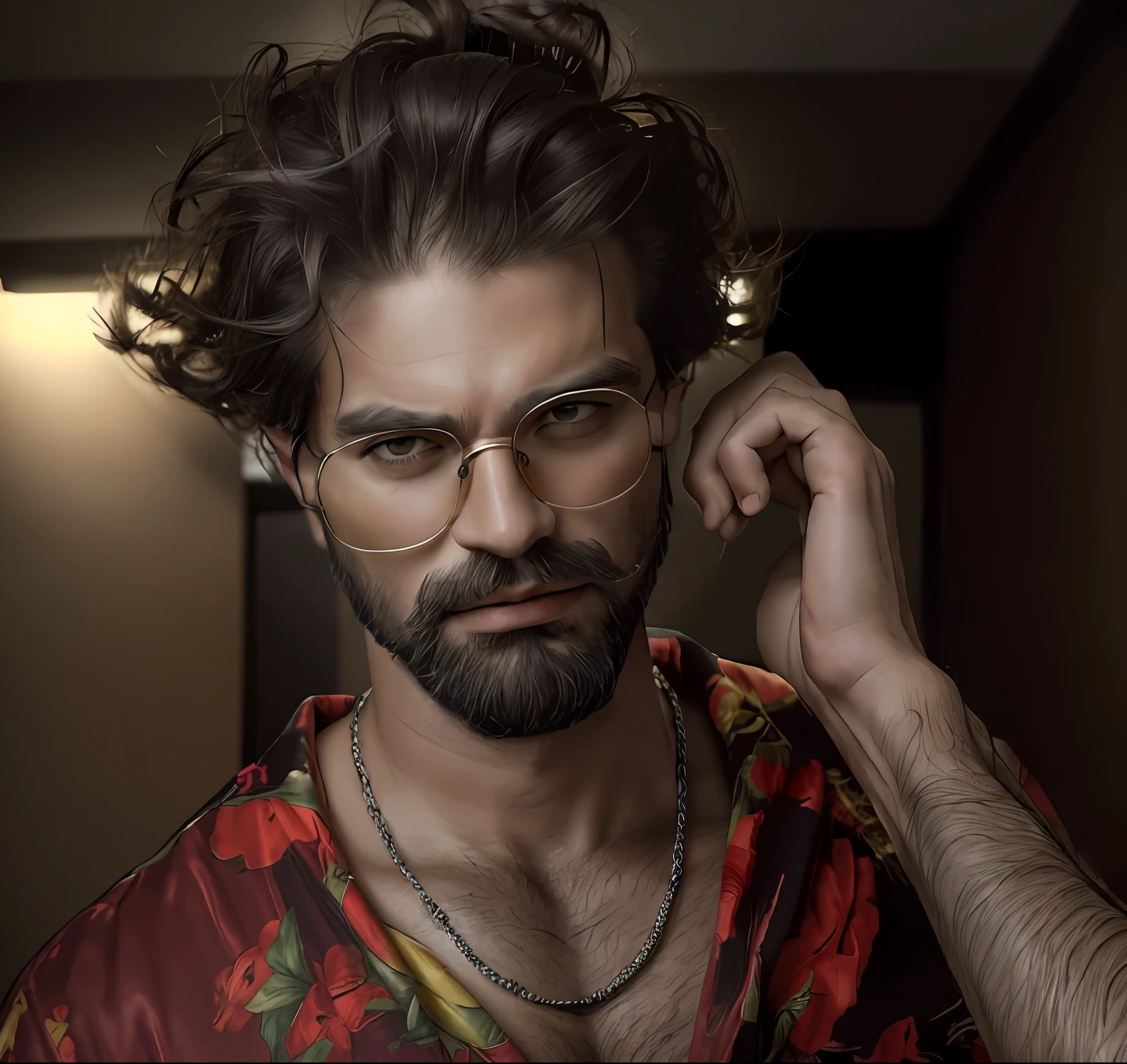 Best quality, masterpiece, ultra high res, portrait, (photorealistic:1.4), raw photo, handsome manly man, Top Knot, wearing suit, beard, detailed face textures,