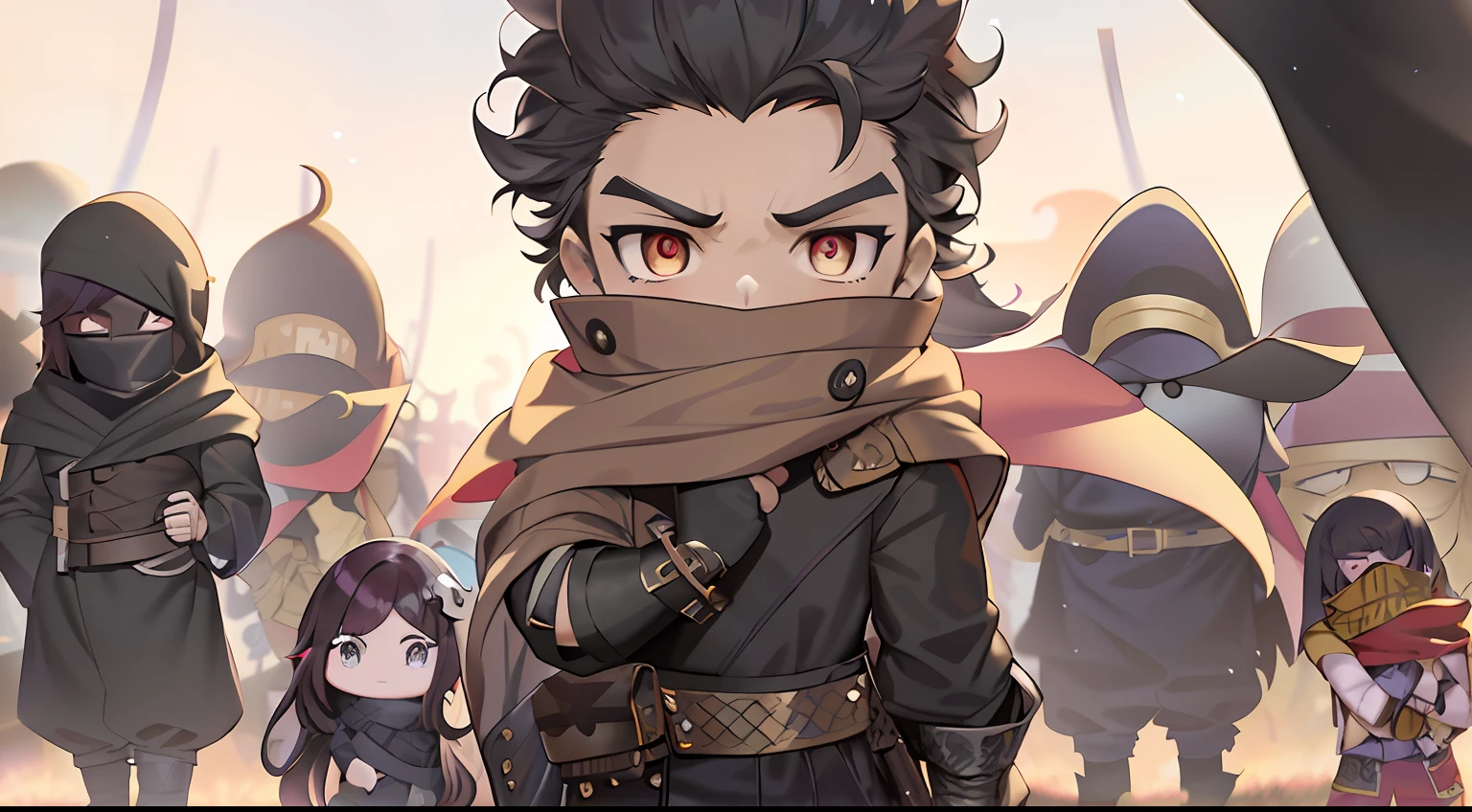 Anime - A stylistic image of a man dressed in black surrounded by a group of people, Guviz-style artwork, handsome guy in demon killer art, 4k manga wallpapers, octopath traveller style, Digital anime illustration, Detailed digital anime art, Guviz, octopath voyager, detailed anime character art, Guweiz on ArtStation Pixiv