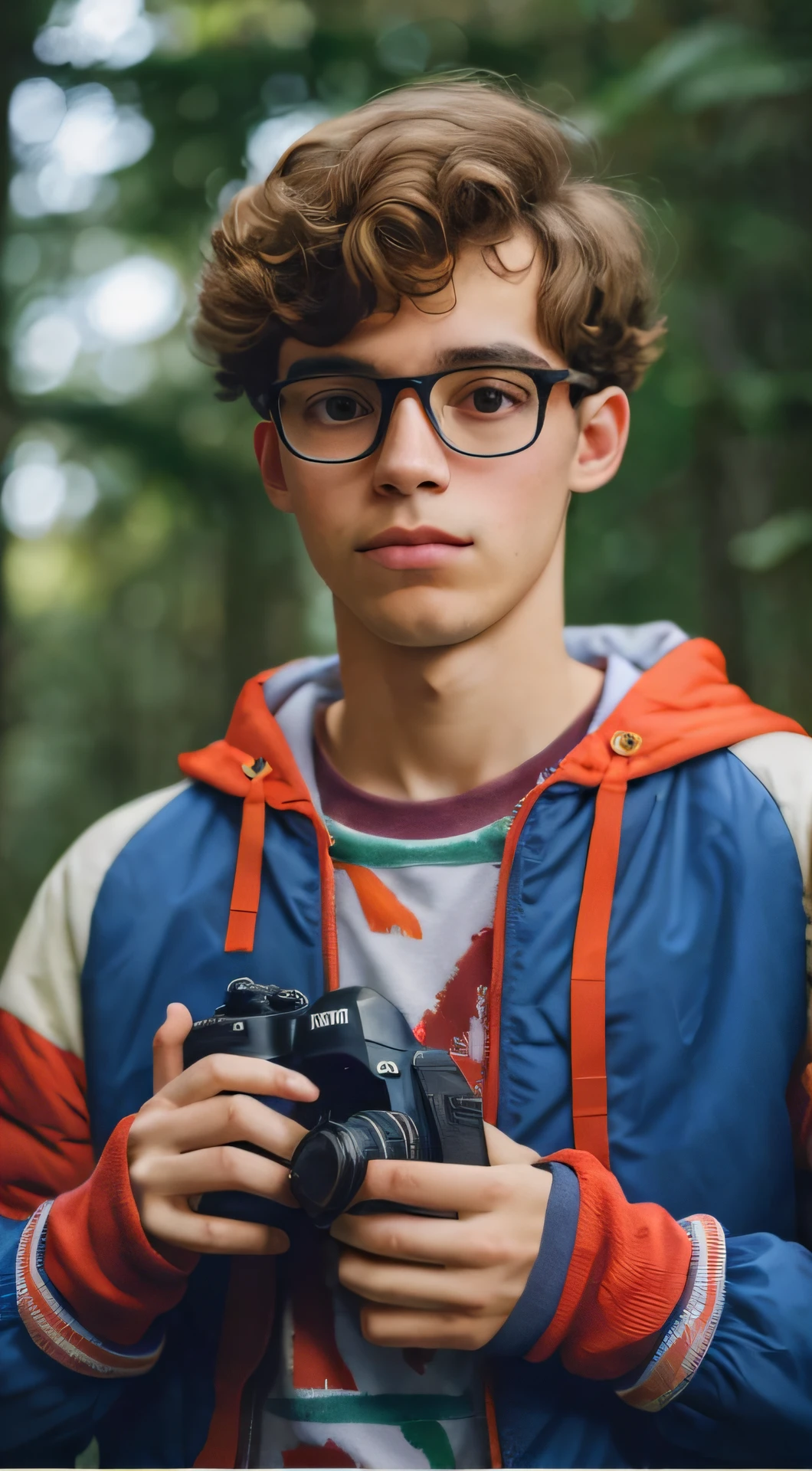 Boy with glasses holding a camera in a forest, retrato de alta qualidade, Max Dennison, Retrato tirado 8 K, Retrato no meio da foto, mid portrait, Anton Fadeev 8 K, Foto retrato suave 8 k, imagem de alta qualidade, Kacper Niepokolczycki, close - foto retrato acima, foto em estilo de Tyler Mitchell, Foto de perfil do headshot