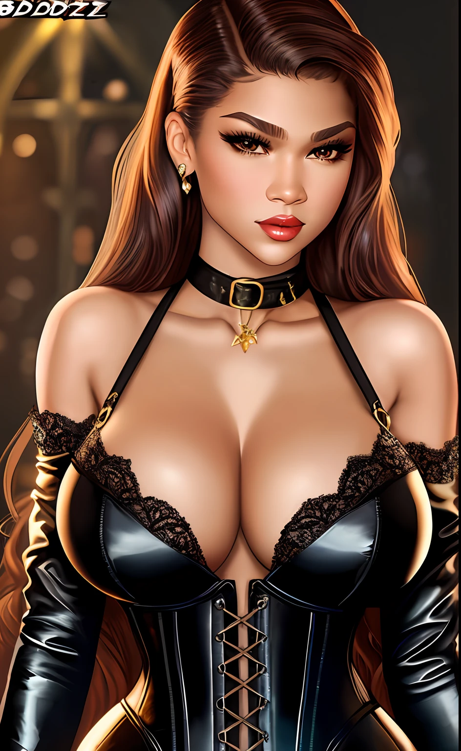 Zendaya is a very sexy Dominatrix, massive breasts, huge breasts, big breasts, Portrait of a beautiful girl, stern, beautiful face, thin skin, corset, hourglass figure, dom, dommy mommy, dominant, dungeon mistress, (art by BoobDollz:1.4), (art by bdz-art:1.4)