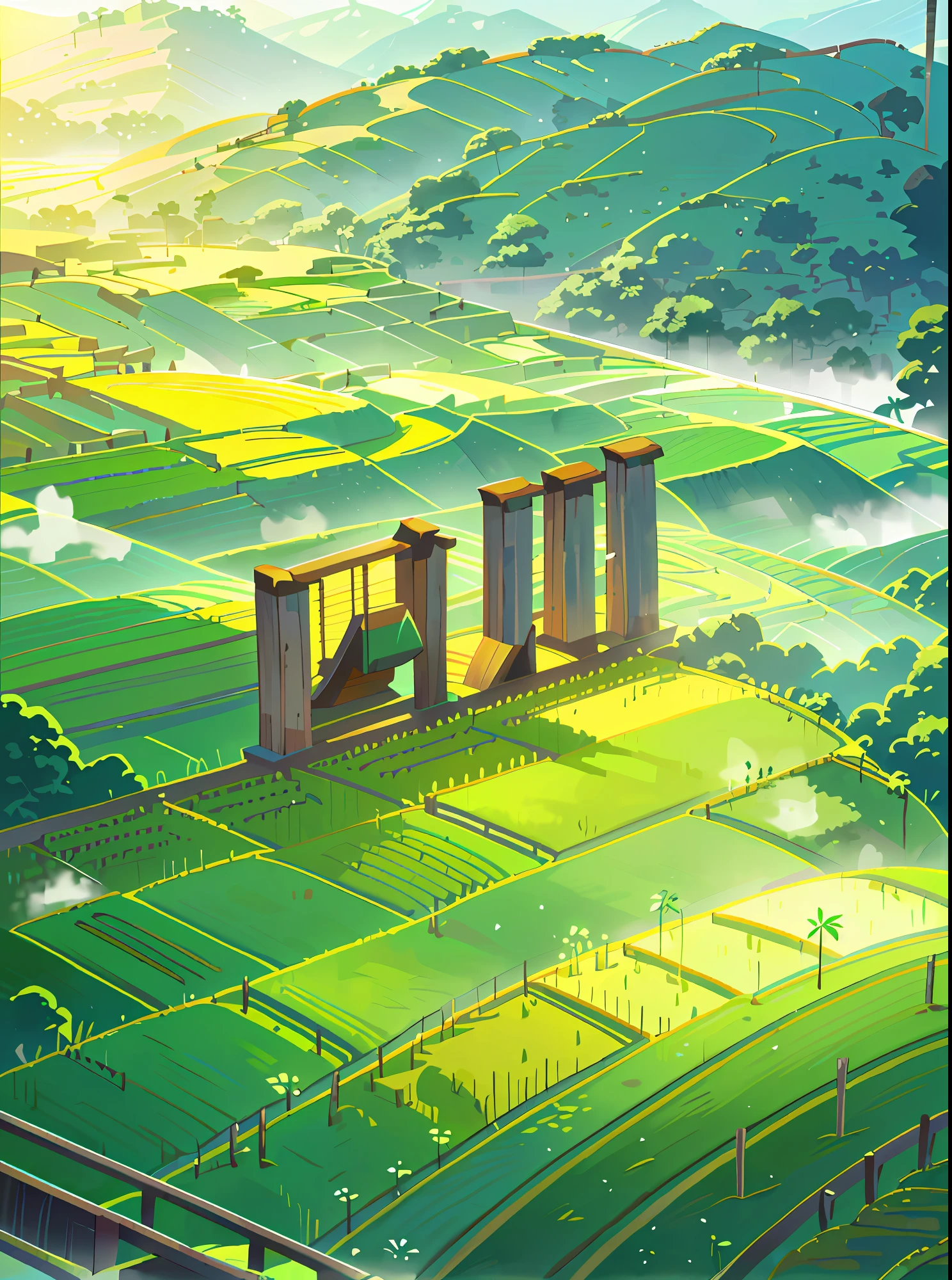 Large expanses of terraced fields, mountains, huts, with rice fields, rice fields, neat rice seedlings in the fields, misty rain, villages, agriculture, in the tranquil landscape, misty weather, in the vast tranquil landscape, in the early morning, in the morning mist, behind a small village, mist, Japanese countryside, thatched roofs --v 6