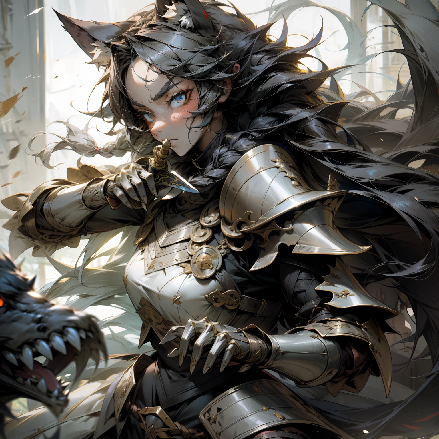 Fierce, warrior, armor, animal ears, wolf tail, sword, long braided hair, intense eyes, battle scar, beastkin