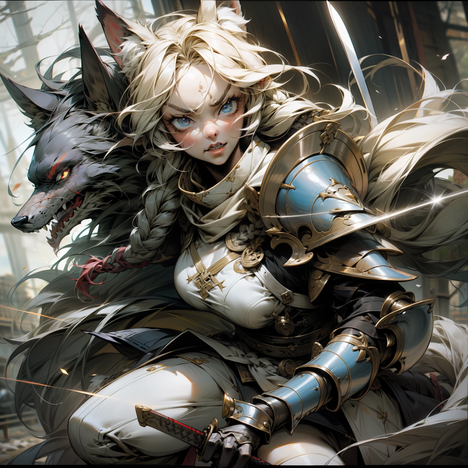 Fierce, warrior, armor, animal ears, wolf tail, sword, long braided hair, intense eyes, battle scar, beastkin