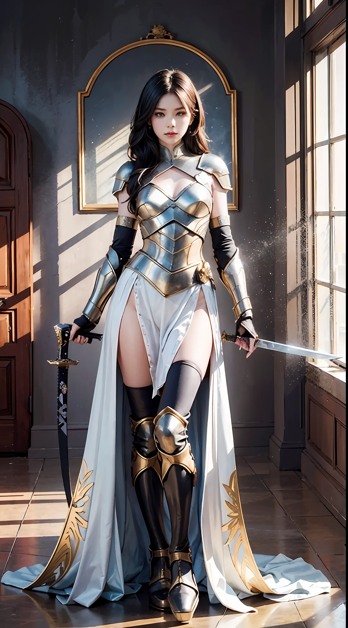 1 Full body single woman，With a sword，Warriors，long whitr hair，Ultra-thin armor，the super hot and sexy，realisticlying，photo shot，professinal，hight contrast，Black Haired Woman，depth of fields，Bokeh（tmasterpiece，best qualtiy，realisticlying：1.3），Sharp，Golden ratio figure，（perfect bodies：1.1），realisticlying，Real Shadow，（Alyssa Monks），Shot by the Canon EOS R6，135mm，1/1250s，f / 2.8，ISO 400