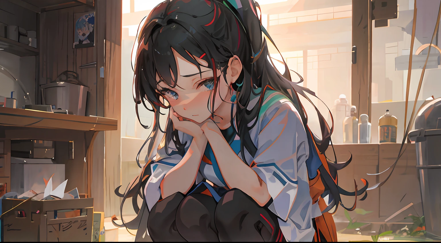 Anime girl kneeling,Clasp your hands on your face, Guviz-style artwork, Guviz, Ayaka Genshin impact, Kawasi, Keqing from Genshin Impact, emotional concept art, the anime girl is crouching, makoto sinkai, anime visual of a cute girl, Guweiz in Pixiv ArtStation