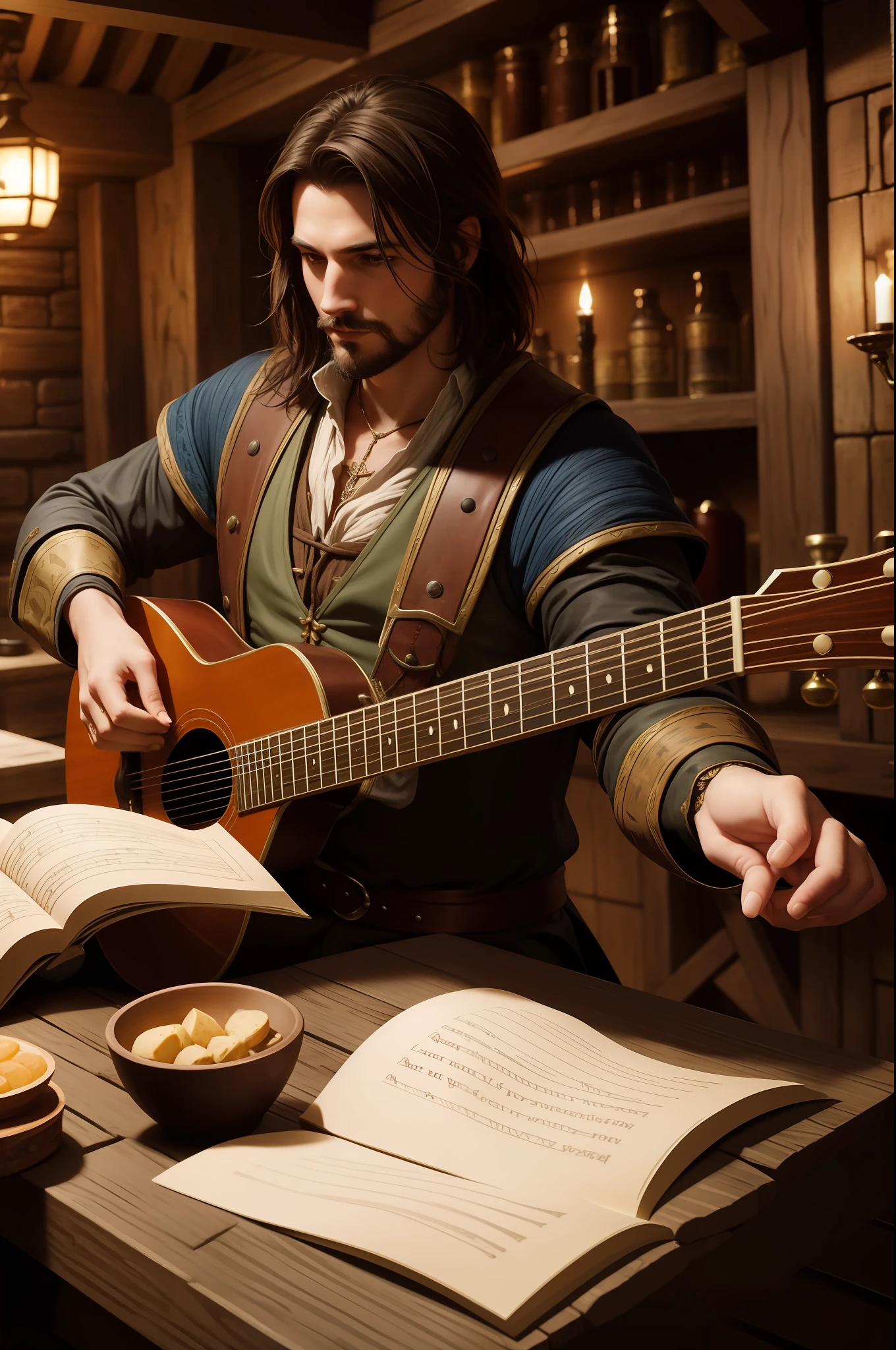 bard in tavern, rpg character, high fantasy medieval style