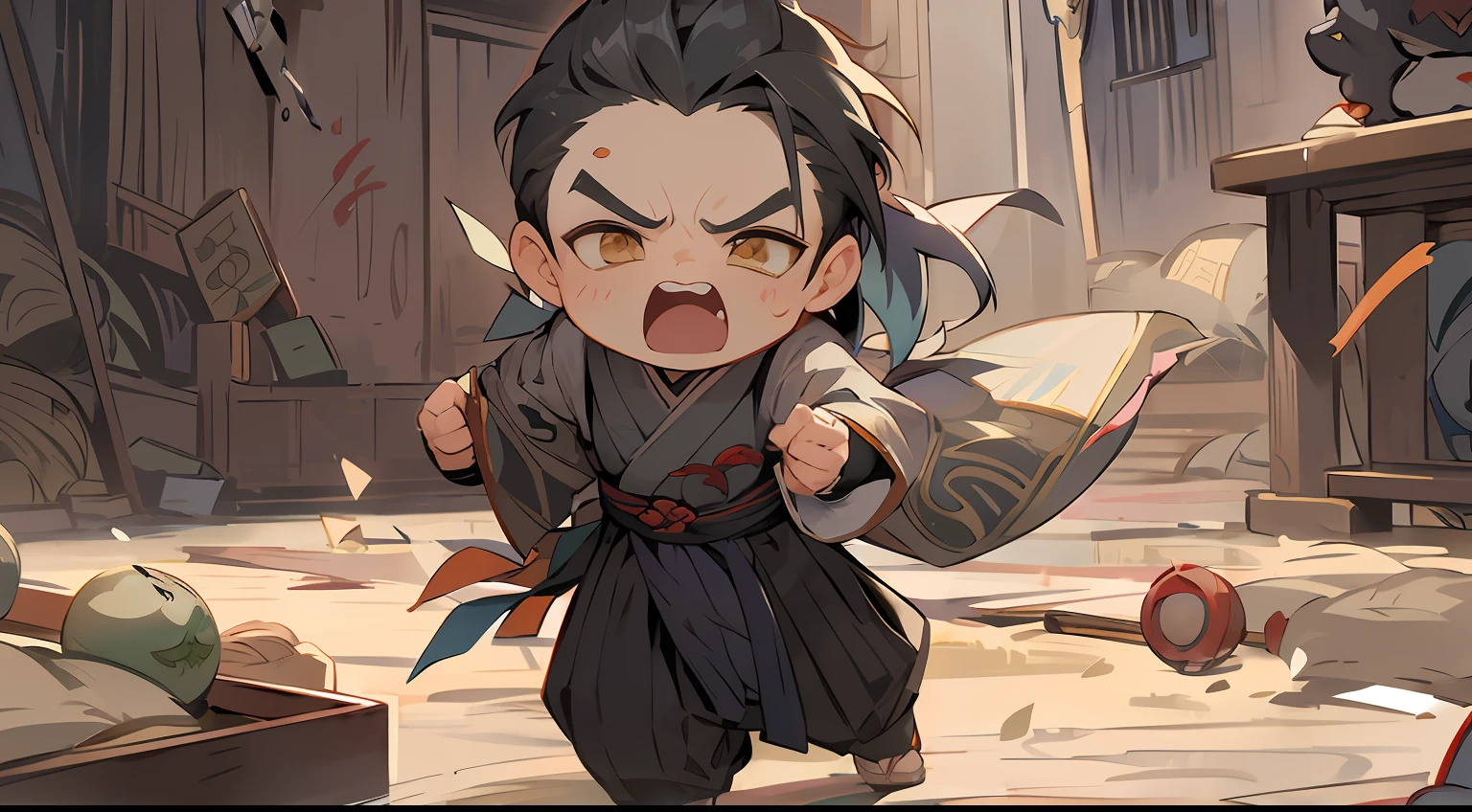 Anime characters holding swords in a room with fragments, Kawasi, Keqing from Genshin Impact, Guviz-style artwork, zhongli from genshin impact, advanced digital chibi art, demon slayer rui fanart, Guviz, wielding kunai, Genshin impact's character, Inspired by Seki Dosheng, Genshin