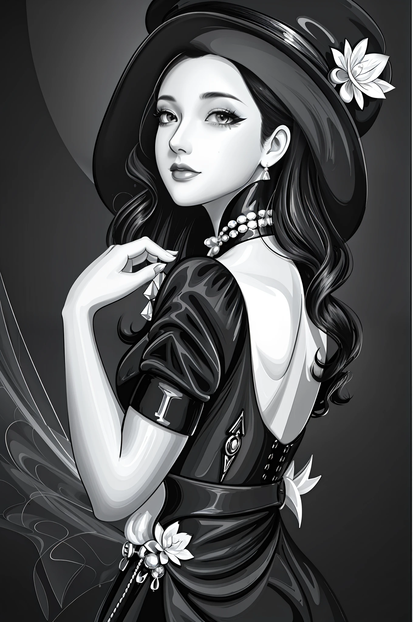 A black and white photo of a woman in a hat, style digital painting, Digital painting style, sultry digital painting, elegant digital painting, drawn in the style of artgerm, #1 digital paintting of all time, # 1 digital paintting of all time, in the style of artgerm, artgerm portrait, Fashion portrait, glossy digital painting