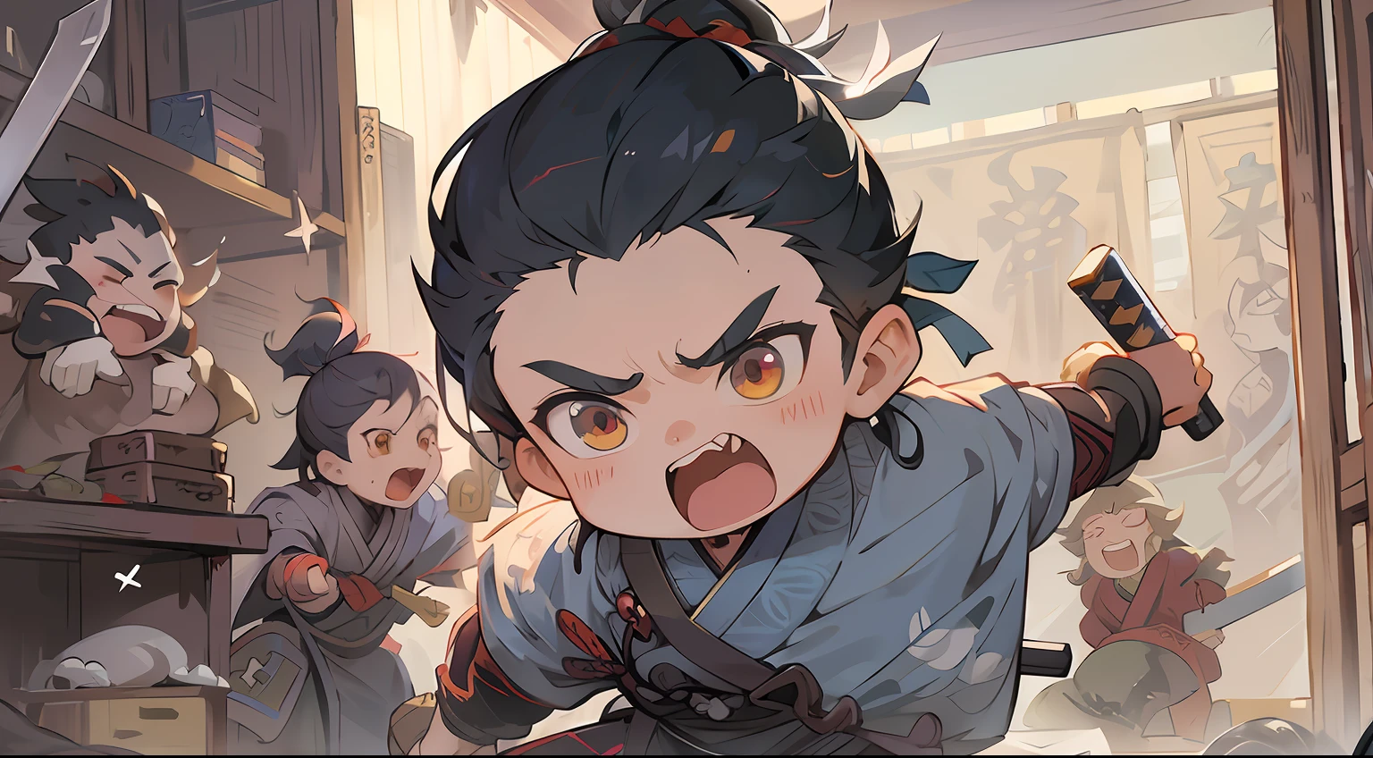 Anime characters with other characters holding swords in the room, Guviz-style artwork, Guviz, handsome guy in demon killer art, Kawasi, Inspired by Seki Dosheng, demon slayer rui fanart, Keqing from Genshin Impact, Guweiz in Pixiv ArtStation, G Liulian art style