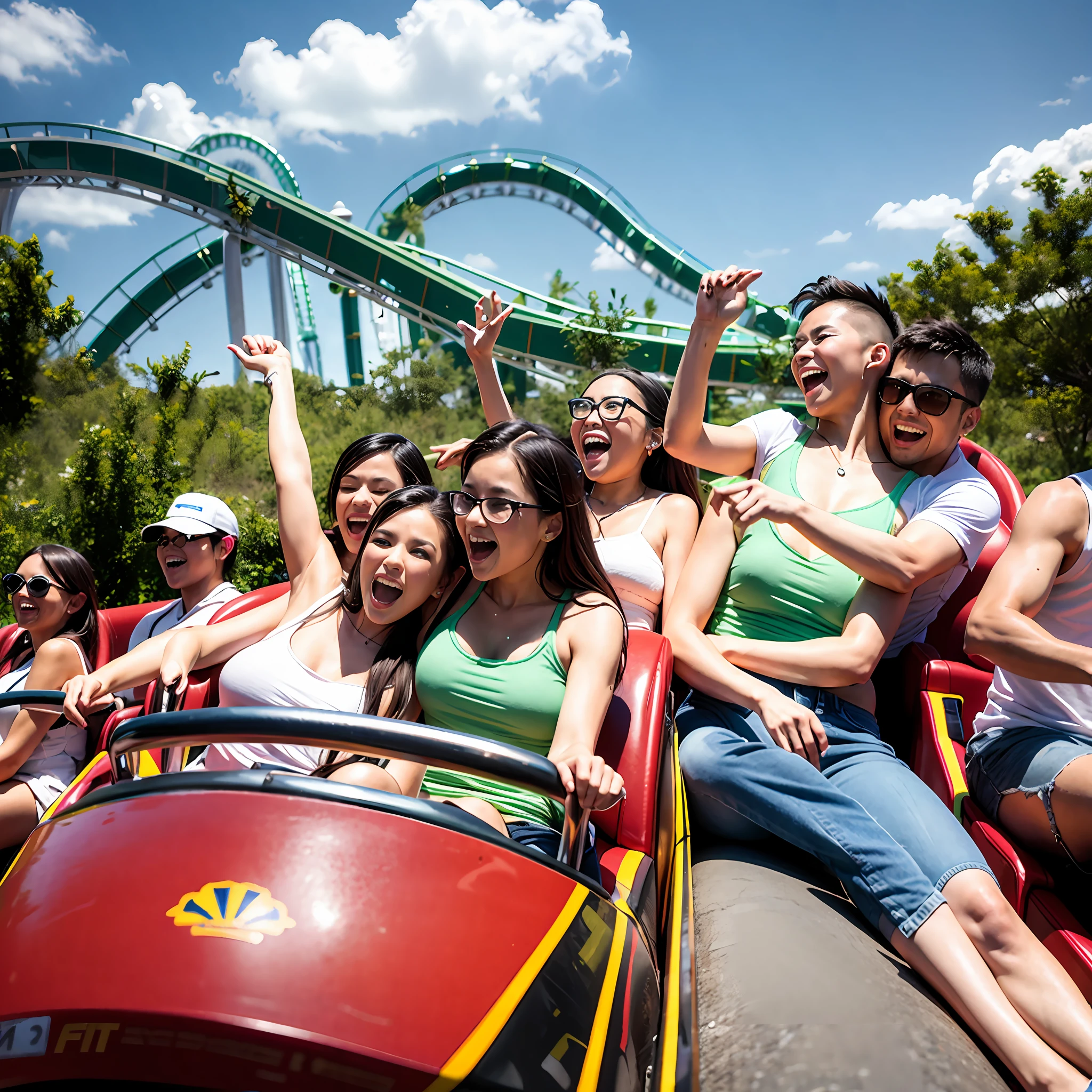 A dozen friends play roller coaster at a large amusement park