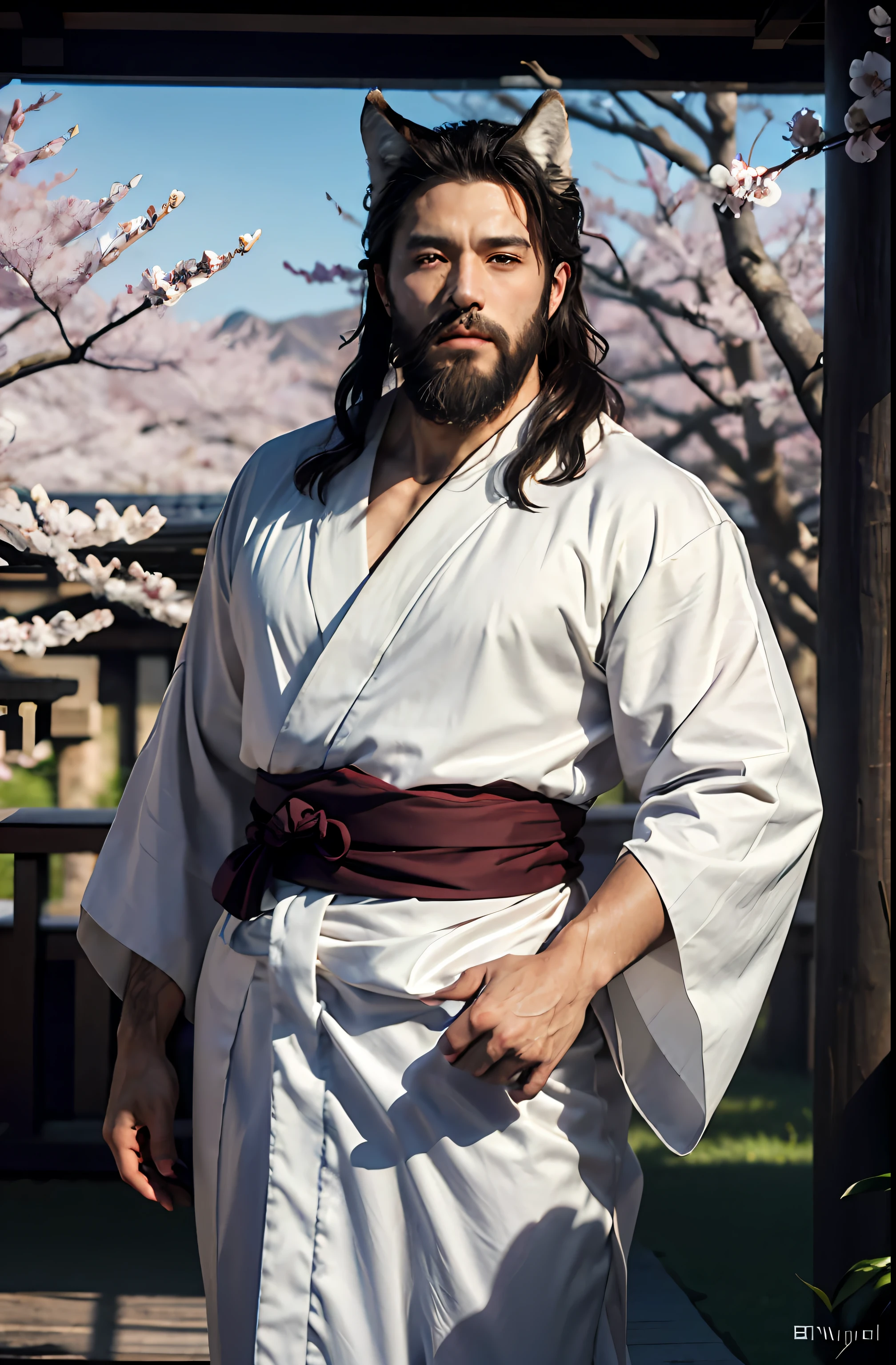 masterpiece,best quality,kemono, anthro (wolf), male, (wolf), beard,middle-aged, gray body,white belly,muscular,japanese traditional clothes, white (fundoshi),((open) black formal kimono),look up to the sky,majestic,brutal,confident,strong,cherry blossoms, sakura blossoms leaves, outdoors,depth of field,delicate canine tooth,delicate eyes,correct anatomy, correct hand,,hd, dim ,dark,dark shadows, light against dark,cinematic, dramatic light,wide dynamic range, hdr, low light:1.2, by Pino Daeni, (by ruaidri), by virtyalfobo