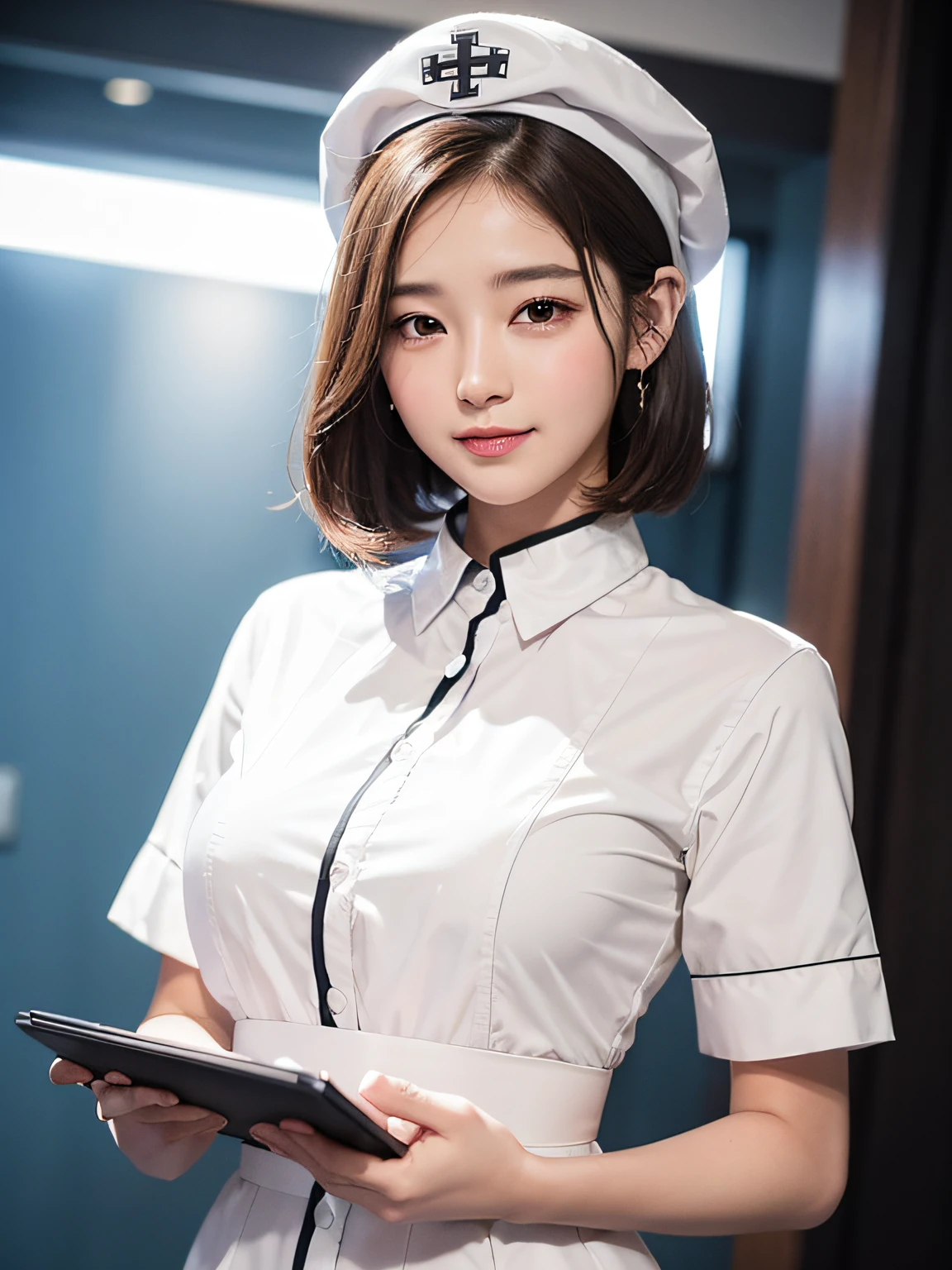 (realisticlying,realisticlying:1.5),(tmasterpiece),(best qualtiy:1.4),(hyper HD:1.2),(RAW photogr:1.2),(sharpfocus:1.3),(Face focus:1.2),Korean girls,Professional clothing,(young :1.1),(joyful smile:1.5),(short detailed hair),(Korean idol costume white,Black and pink:1.4),(beautyface:1.7),(Detailed dress:1.4),nurse's outfit,(Professional photos of Korean girls), Bigchest, (Large breasts: 1.4), (twosideup), deep v big breasts,low chest,(peeping at the viewer: 1.2), (Music DJ cover art: 1.1), ( Music Design Art Stage: 1.4), (Hospital corridors), Gorgeous white lights, Break, (The large), beatiful detailed eyes, (adolable),Exercise posture,Hold the medicine tray with both hands,full bodyesbian