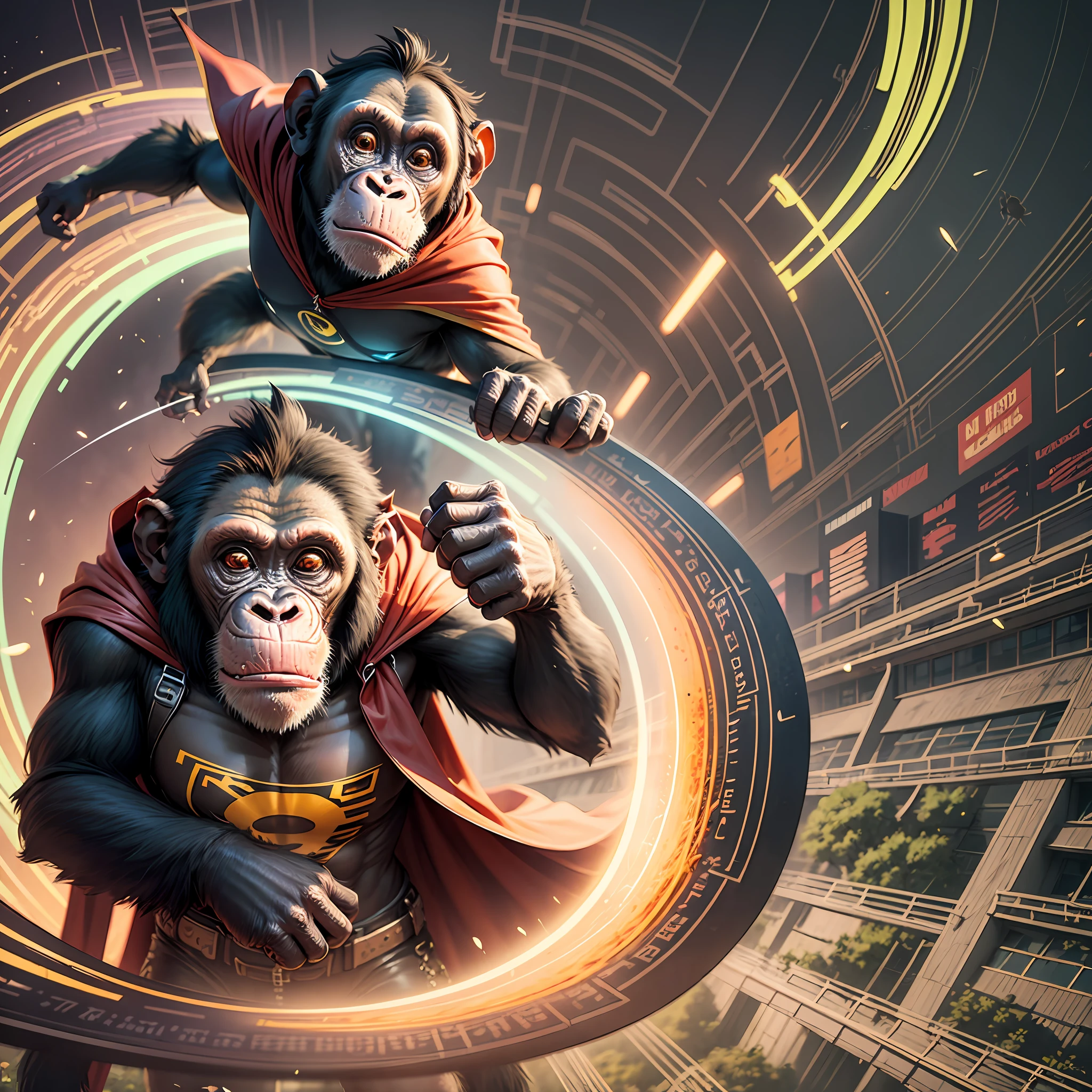 (Chimpanzee wearing a cape flying over a park), perfeito, Superhero cartoon style, detalhado, Inspirador, Legal Psychedelic