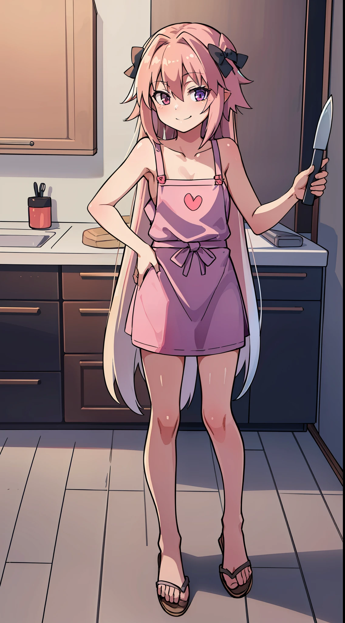 hiquality, tmasterpiece (One guy Astolfo, housewife) Cute smiling face, apron on the naked body, Bare feet in slippers. In the background of the kitchen. holding a knife