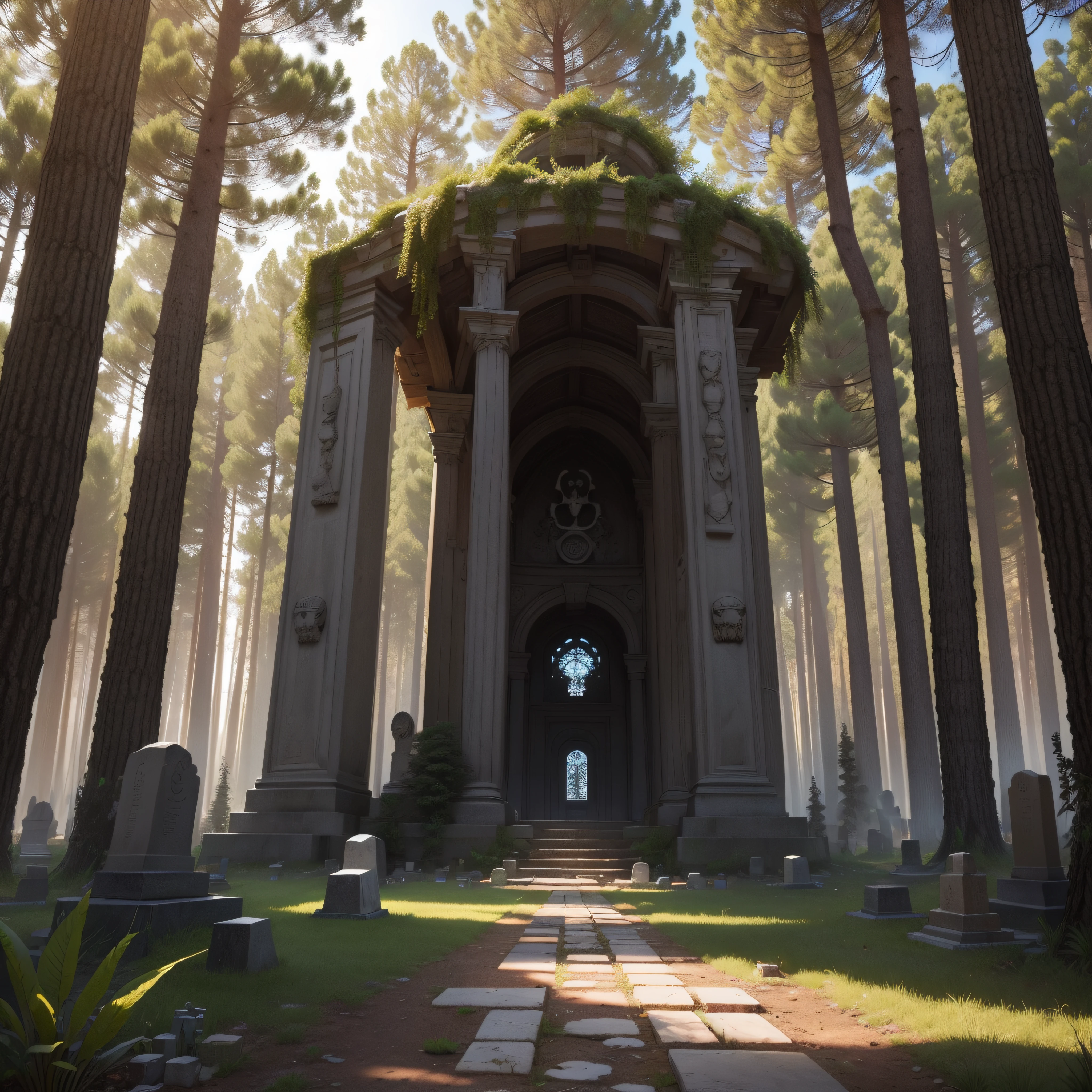 (extremadamente detallado, obra maestra, La mejor calidad), paisaje de bosque. cementerio antiguo. en el cielo hay un agujero profundo, Casa quemada. skulls on the floor. cubierto de plantas, sucio. Oggre hidden among the trees. Daytime Lighting.