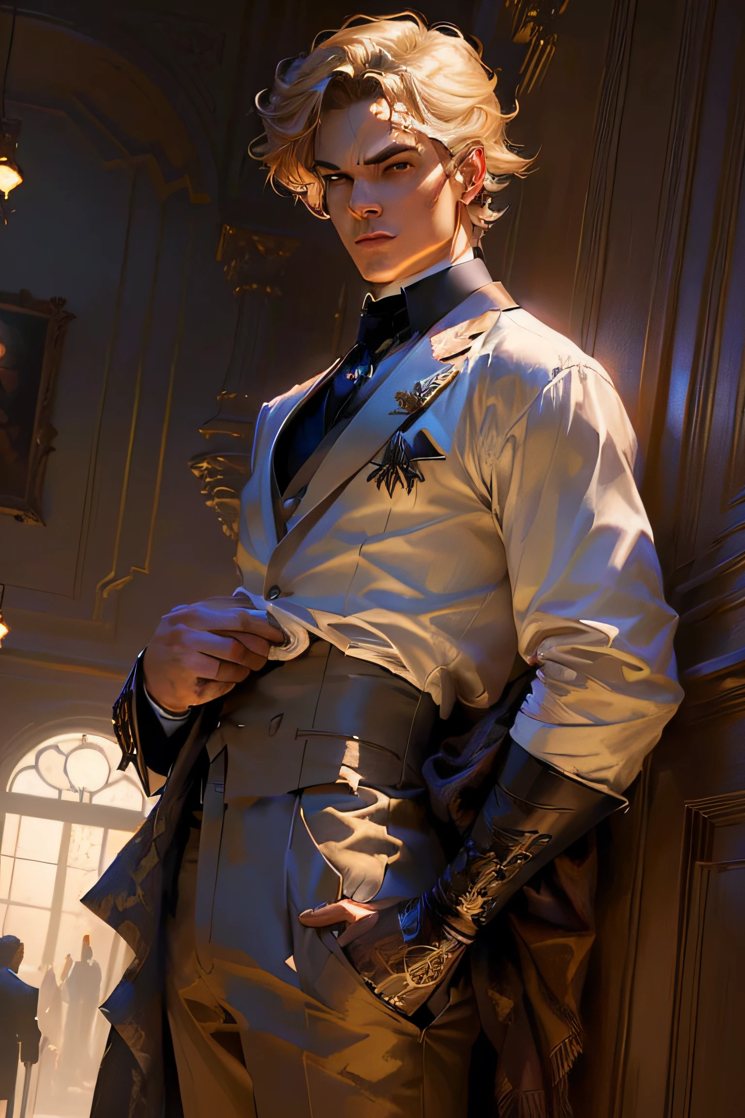 there is a man in a suit and tie standing in a room, style of raymond swanland, neoartcore and charlie bowater, stanely artgerm, charlie bowater character art, style of stanley artgerm, style of charlie bowater, style ivan talavera and artgerm, moebius + loish + wlop