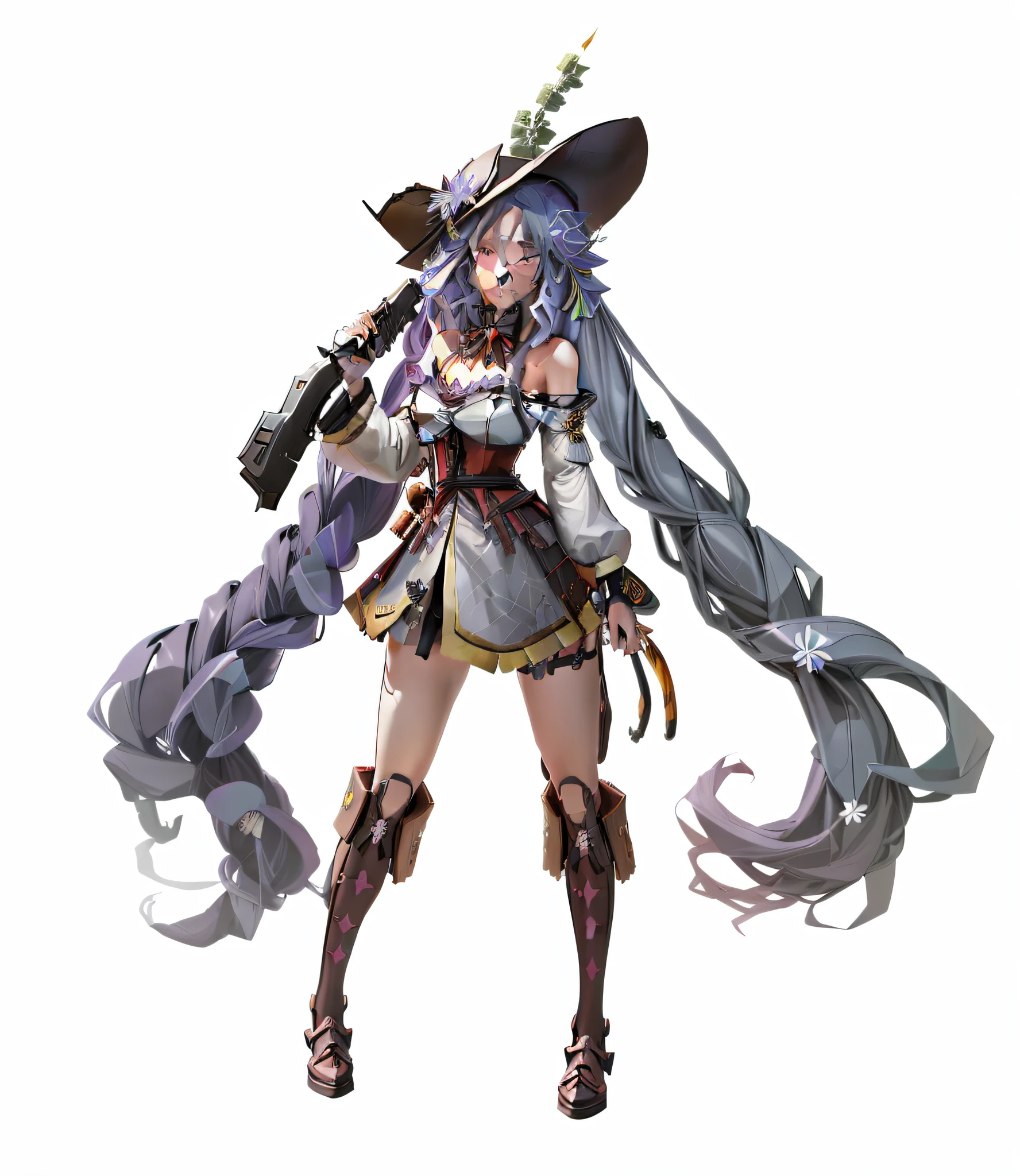 anime girl with long hair,holding a gun in her hand, guilty gear art style, mechanized witch girl, ( ( concept art of character ) ), official character art, jrpg character art, female anime character, Abigail Larson, maple story gun girl, best anime character design, forest hunter lady, beautiful cowboy witch, spirit fantasy concept art, Anime character design, anime figure