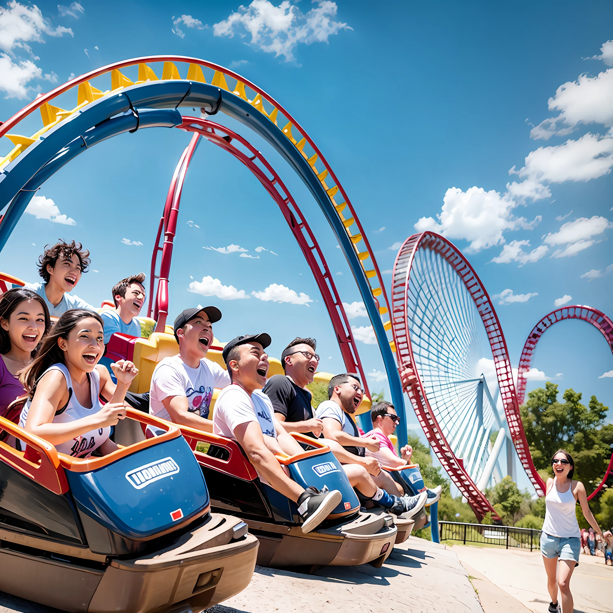 A dozen friends play roller coaster at a large amusement park