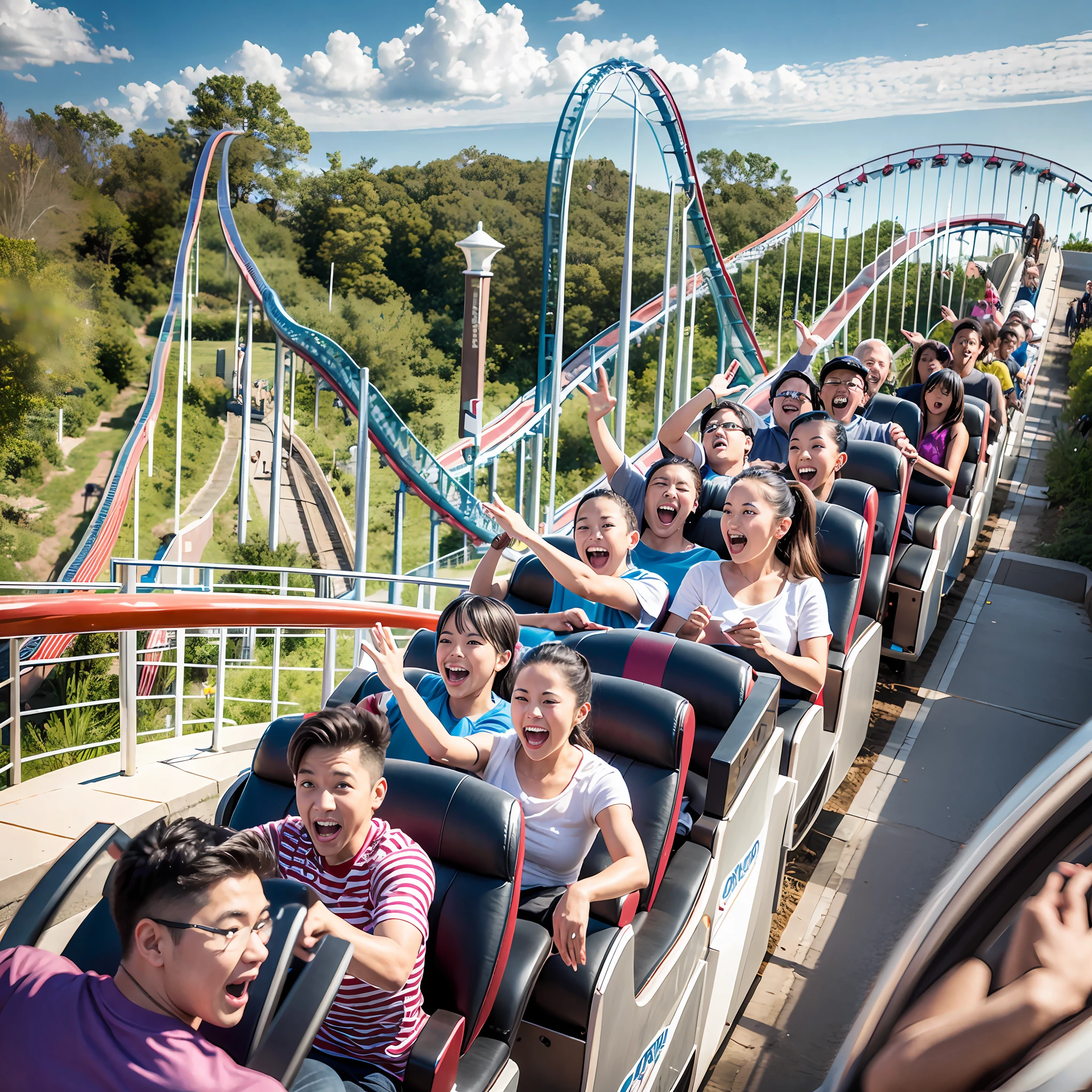 A dozen friends play roller coaster at a large amusement park