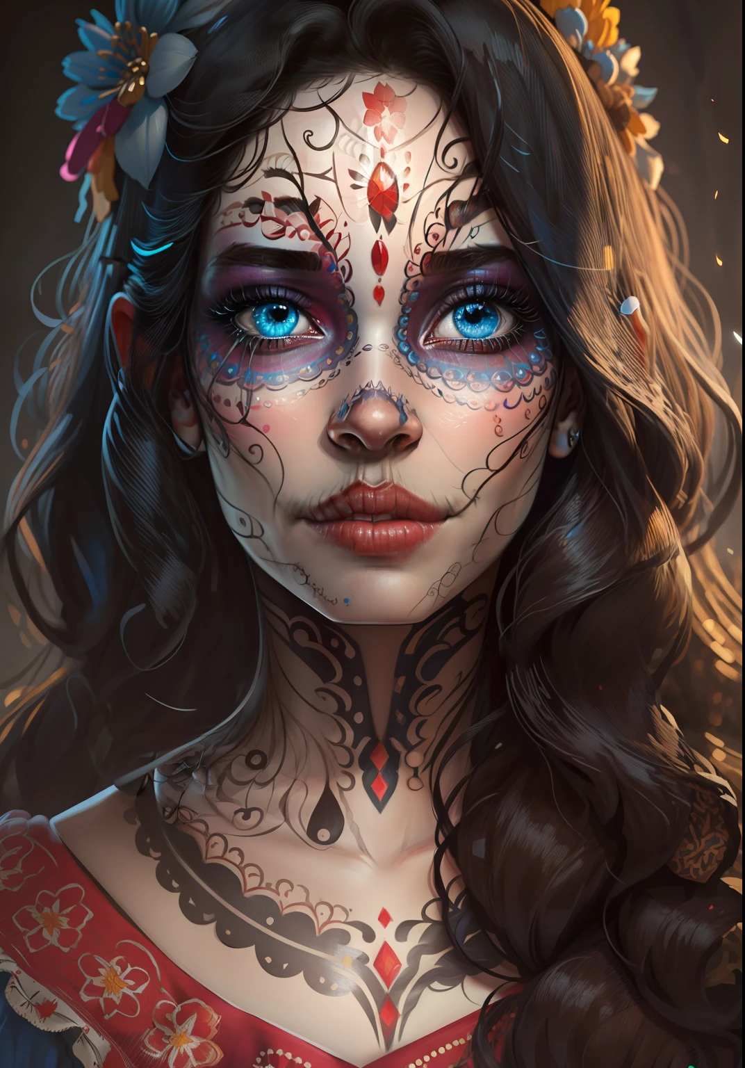 1girl, (makeup by CatrinaMakeUp), (traditional dress), hair flower, blue eyes, long wavy hair, black hair, cute pose, cute, 
(realistic:1.2), (realism), (masterpiece:1.2), (best quality), (ultra detailed), (8k, 4k, intricate),(portrait), ,light particles, lighting, (highly detailed:1.2),(detailed face:1.2), (gradients), sfw, colorful,(detailed eyes:1.2),