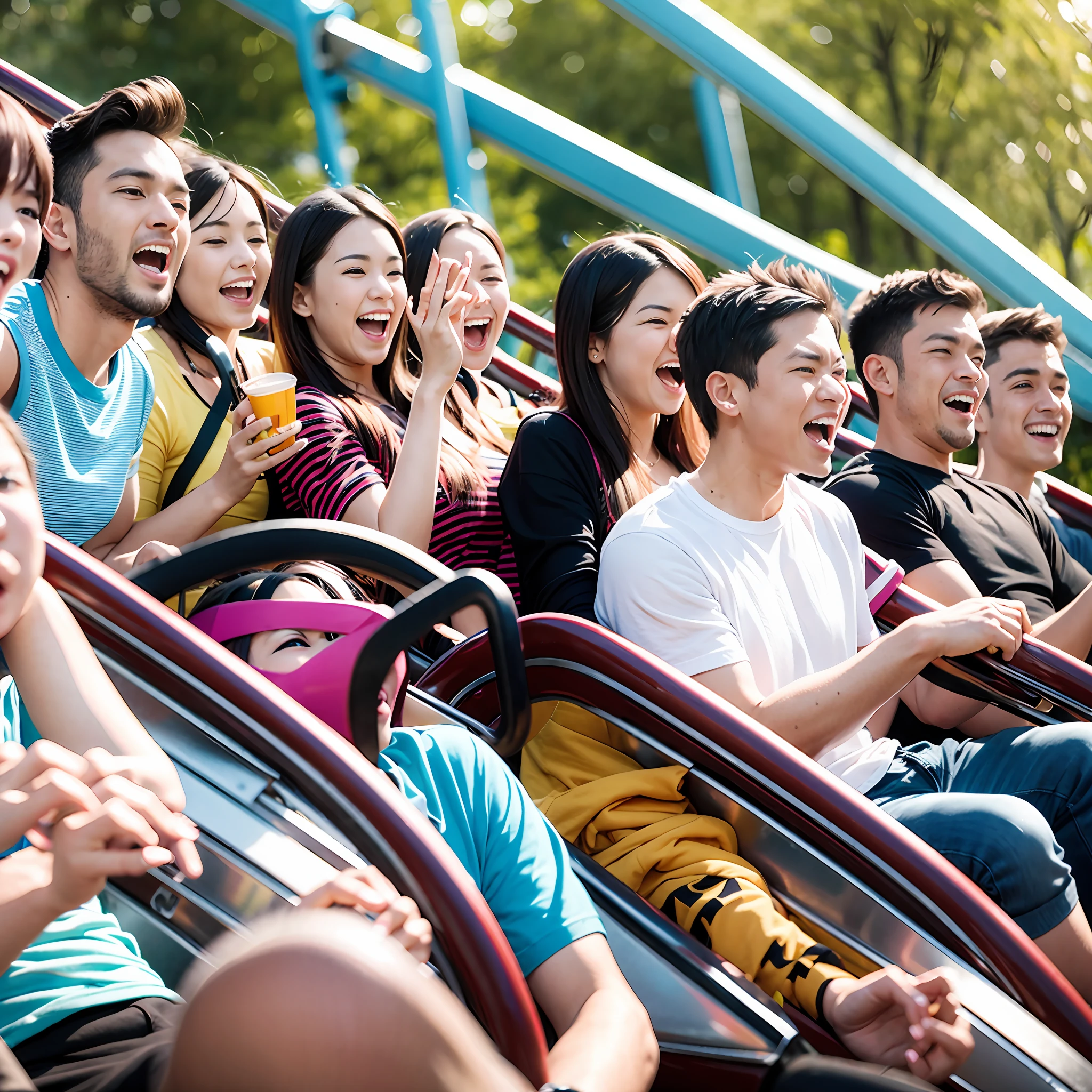 A dozen friends play roller coaster at a large amusement park