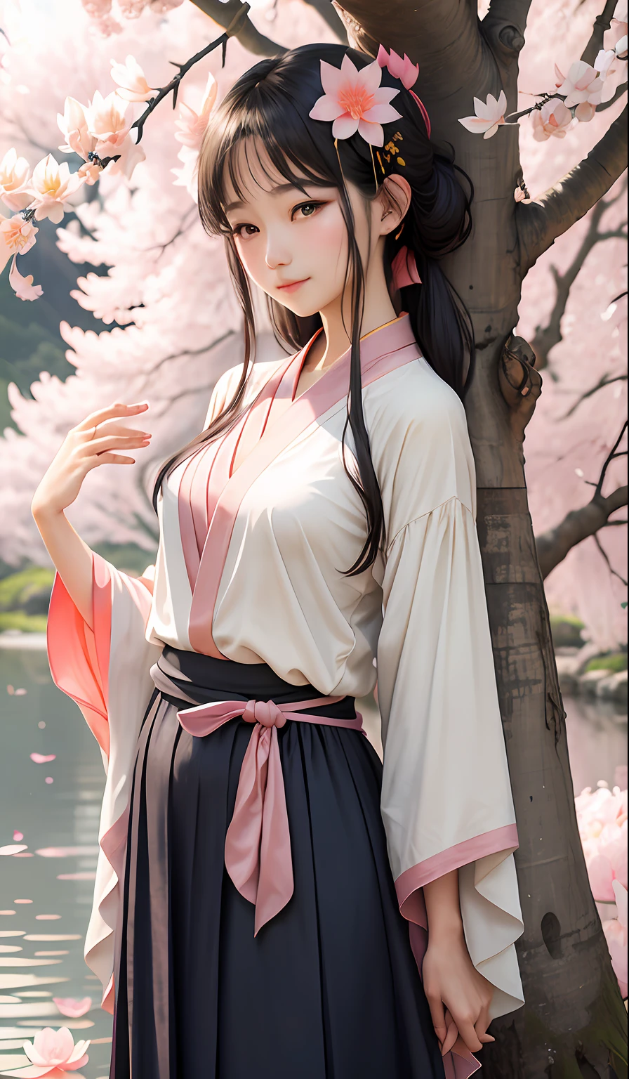 She stood alone under a peach blossom tree in the distance,Dressed in plain clothes,The body is slim and colorful,A gentle breeze blows,The skirt flutters,A vague fragrance wafted out,The waist-length green silk moves with the wind,Hidden by a pair of eyes as clear as autumn water,The eyes are glowing with a lotus-like clear color,A faint smile emerged,There was a hint of shyness,Her cheeks flushed crimson,It is as bright as a peach blossom on a branch,The Nine Heavens Fairy is generally vulgar。