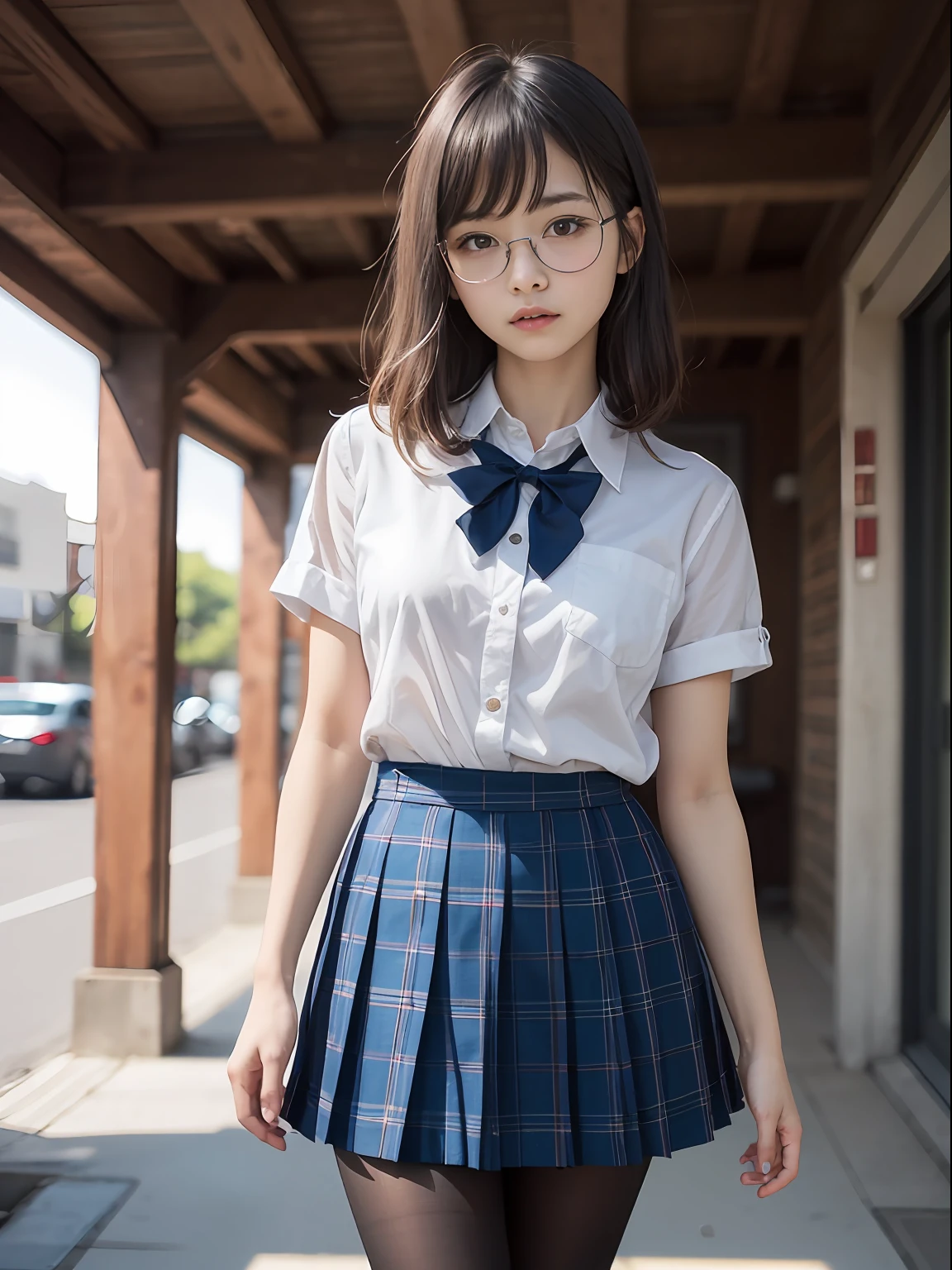 (8K、Raw photography、top-quality、masterpiece:1.2),Erotic,Pupils,Light Blue Bra,de pele branca,kne,(Black pantyhose),absurderes,a small face,small tits,flat breast,Parting the bangs from the middle、Forehead visible,(a cold expression<Tight eyes,glares,Bullish,skinny,Rasping,irate)、masterpiece,top-quality、超A high resolution,Raw photo,ren,Beautiful fece,One Person, 独奏,eye glass,,Dark look,Small breasts,fullllbody,Round glasses、cute little、JK school uniform,hi-school girl,A Japanese Lady,is standing,(Photorealsitic:1.37)、Photon mapping,Light blue ribbon,Realistic、Cute little face,Brown-eyed、Black socks、(Red bow tie)、Radio City、Physically Based Rendering、Foreground、depth of fields、Blurry background、a picture,The girls、Body,beauty legs, Long legs, Thin leg,Long bob cut,(Bangs are visible), hair, s lips, Blue_The eye, nosesoft,(Light blue shirt), (Navy and blue and white plaid pleated skirt), Knees are visible,Sheer clothing,, Thigh, Black cotton socks,Nogizaka Idol, 女優, Japanese ido