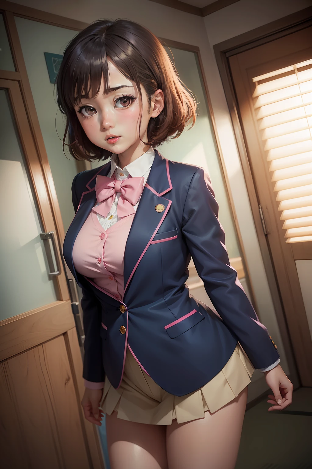 anime girl in a blue suit with a pink bow tie, shirobako, marin kitagawa fanart, Yayoi Kasuma, shinkai makoto, hints of yayoi kasuma, Still from TV anime, Makoto, nagatoro, Female protagonist 👀 :8, makoto shinka, anime moe art style, sayori, anime still