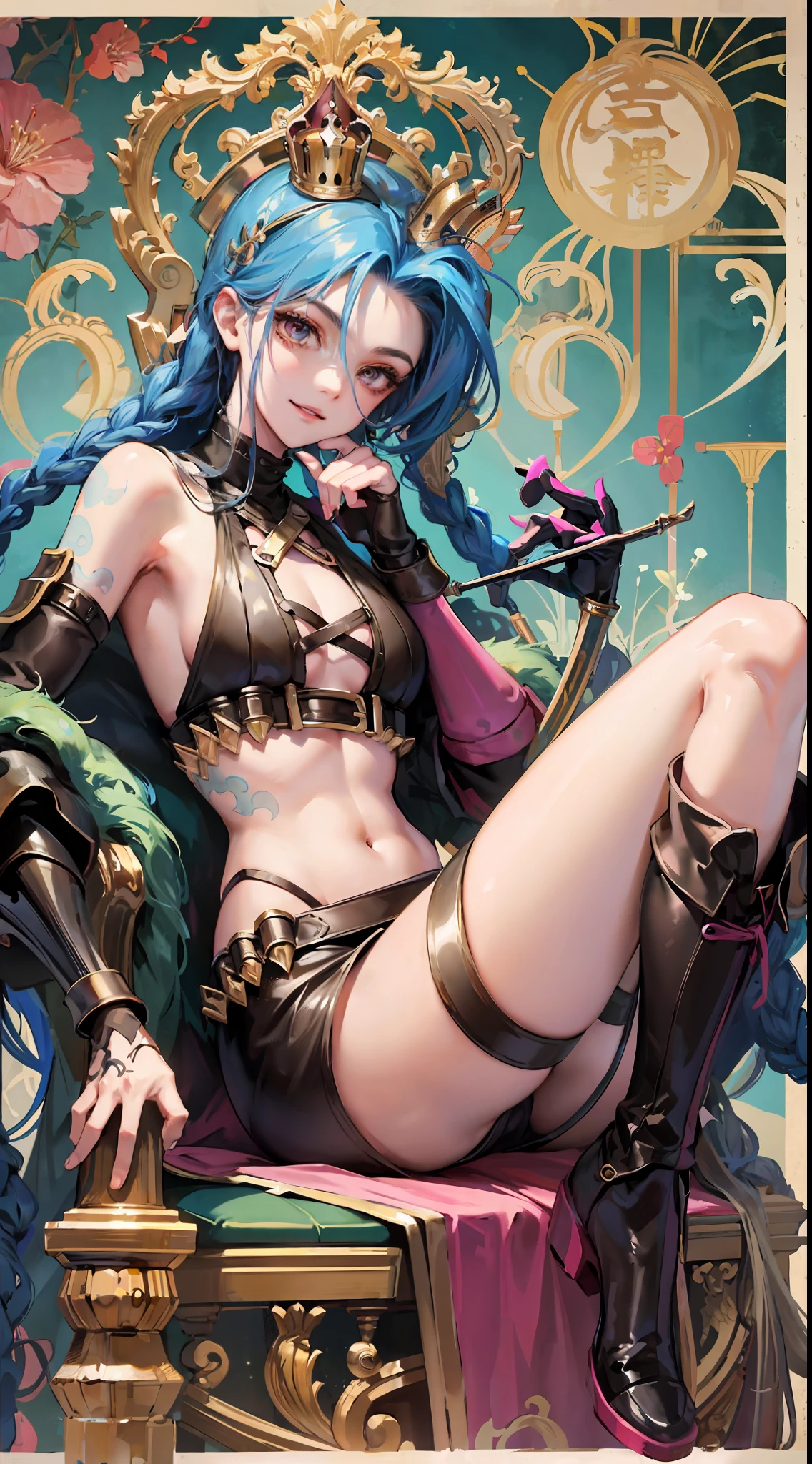 Jinx,Fleshy thighs,a queen,a throne,Gu Xiong,Toy monkey,Poster publicity style,Pose,full armour,Simetall,C cup,Happy expression