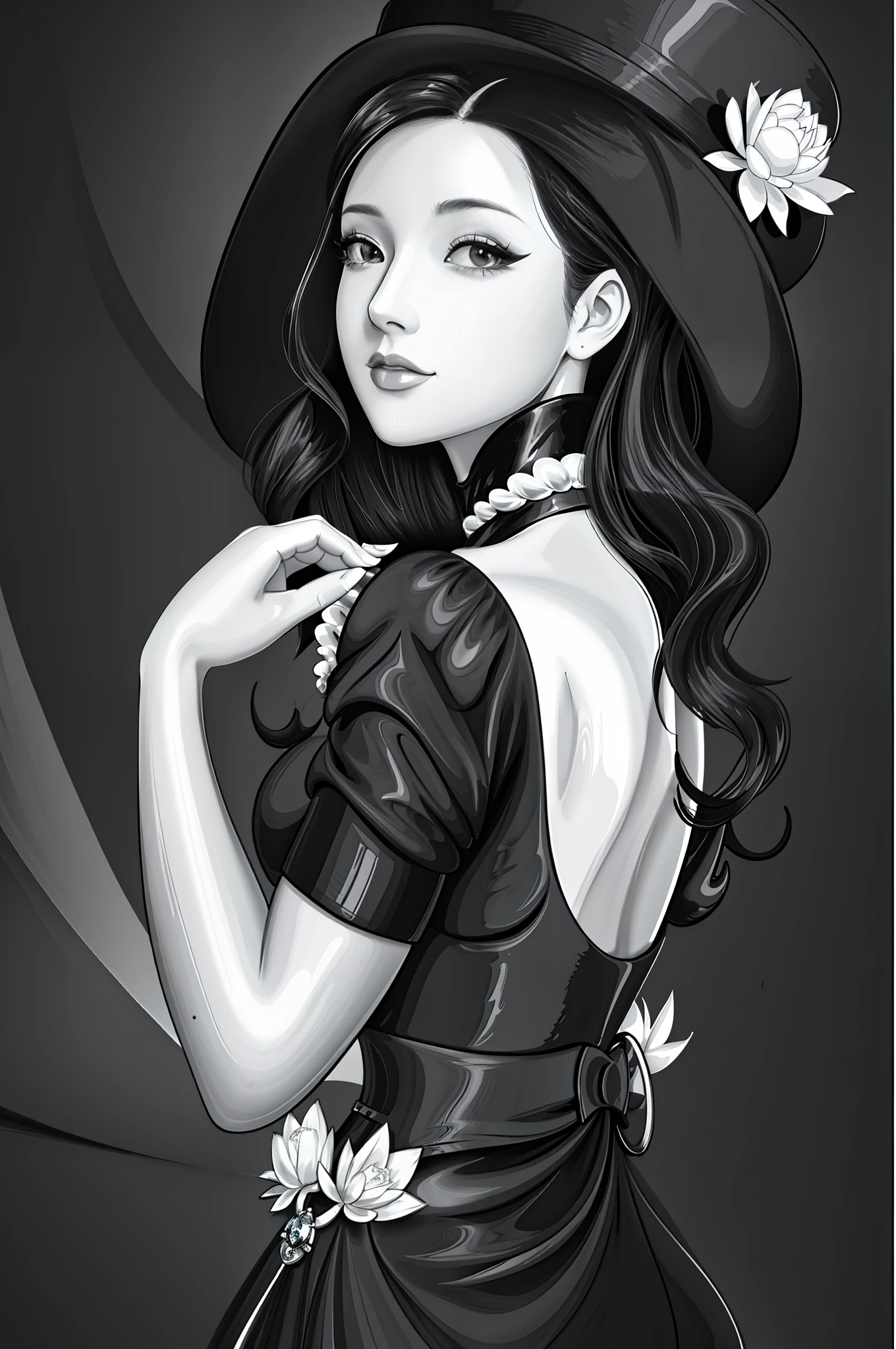 A black and white photo of a woman in a hat, style digital painting, Digital painting style, sultry digital painting, elegant digital painting, drawn in the style of artgerm, #1 digital paintting of all time, # 1 digital paintting of all time, in the style of artgerm, artgerm portrait, Fashion portrait, glossy digital painting