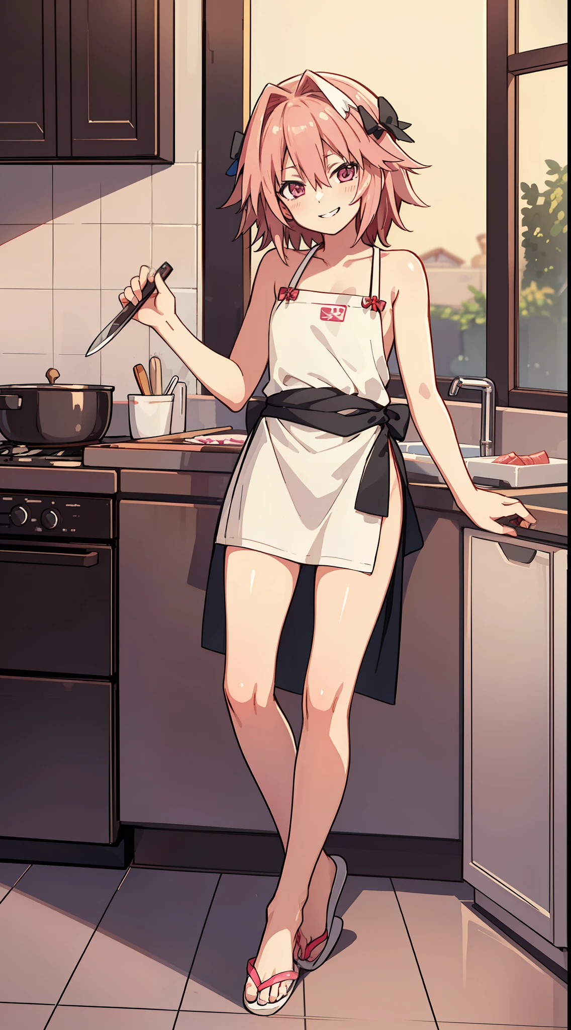 hiquality, tmasterpiece (One guy Astolfo, housewife) Cute smiling face, apron on the naked body, Bare feet in slippers. In the background of the kitchen. holding a knife