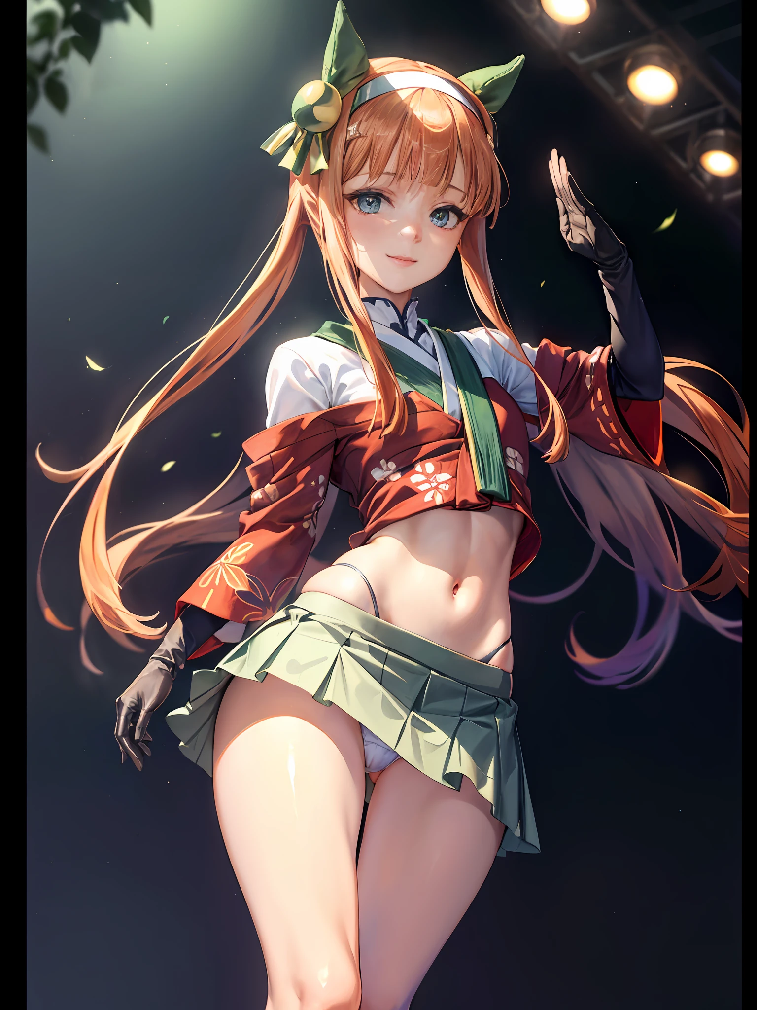 (Extreme detail CG Unity 8K wallpaper, Masterpiece, Highest Quality), (exquisite lighting and shadow, highly dramatic picture, Cinematic lens effect), (green kimono: 1.1), Adorable smile, Double Ponytail, blue eyes, blond hair, tight top, white gloves, mini skirt, dynamicpose), the background is the universe (great details, great lighting, Wide angle), (Excellent rendering, Basta, To stand out in your class), (Beautiful panties, peeking out from under the skirt :1.2), (Beautiful butt :1.2), (Skirt Lifted by the Wind), (tail on the lower back: 1.4) Salute, (Bent posture :1.1)