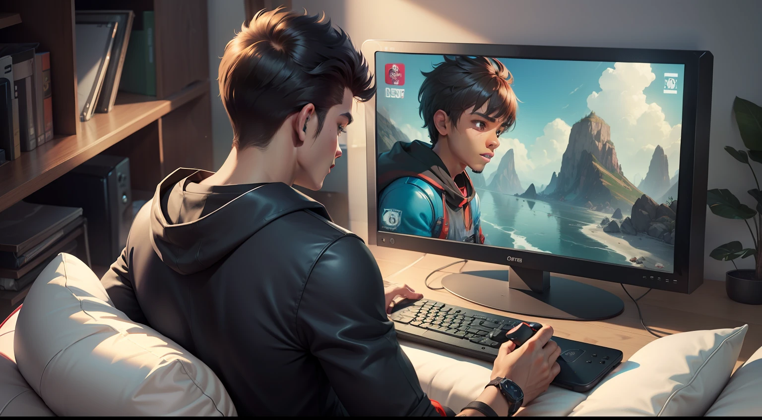 HOMEN - cabelo preto. Man sitting on a couch using a cell phone, olhando para o telefone dele, Mobile Game, Brincando, Adolescente, playing video games, gen z, menino adolescente, adolescente do sexo masculino, he is holding a smartphone, looking distracted, jogador, video - game, mobile game style, jogos, Ponto de encontro para adolescentes, jogando jogos de computador, Video game, concentrating