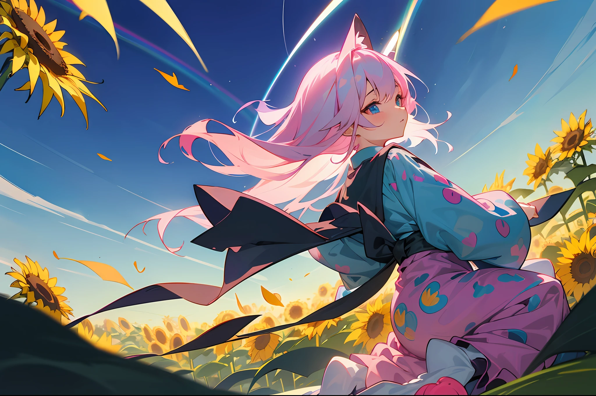 Dark Magician Girl、MKSKS style、(1 person)、(highly detailed back ground:1.0)、(highly detailed back ground:1.0)、​masterpiece、top-quality、超A high resolution、8K、full body Esbian、(1/2 pink and 1/2 Light blue hair、rainbow-colored hair)、Sunflower ears、(A detailed eye、Blue eyes)、(Rainbow Printed Shirt、1/2 pink and 1/2 Light blue shirt:1.2)、(JINS:1.5)、Detailed skin、(sunflowers fields:1.5、Sun flower:1.1、Falling leaves:1.2)、夏天、Daytime、suns、wakame、wakame、wakame、wakame、wakame、wakame、wakame、wakame、wakame、wakame、wakame、wakame、wakame、wakame、wakame、wakame、wakame、wakame、wakame、wakame、wakame、wakame、wakame、wakame、wakame --auto