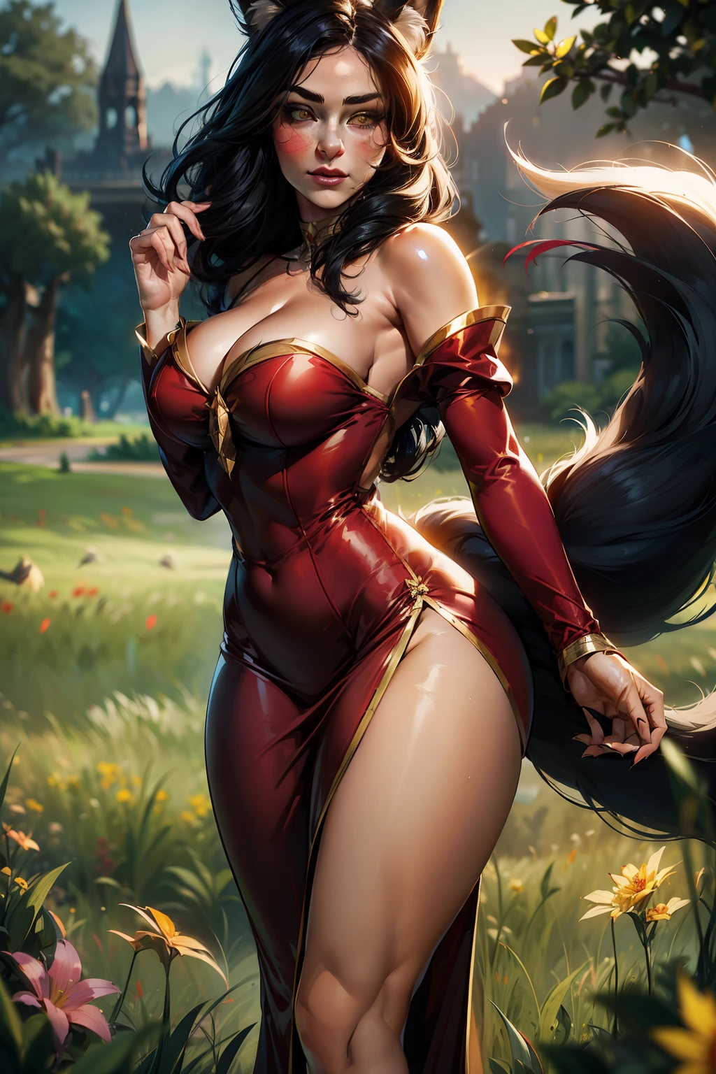masterpiece, ultra detailed, 64K, f1.4, 85mm, UHD, cinematic lighting, hourglass figure, eye shadow,in grass field, large breasts, yellow eyes, seductive smile, sexy pose, 1 girl, (blurry background, depth of field),(RSEEmma:1.5), (ahri_\(league_of_legends\), ahri, cleavage, black_hair, facial_mark, animal_ears, fox_ears, tails, fox_ tails, long_hair, detached sleeves, long_sleeves, red off-shoulder dress + detailed, view from behind:1.2),