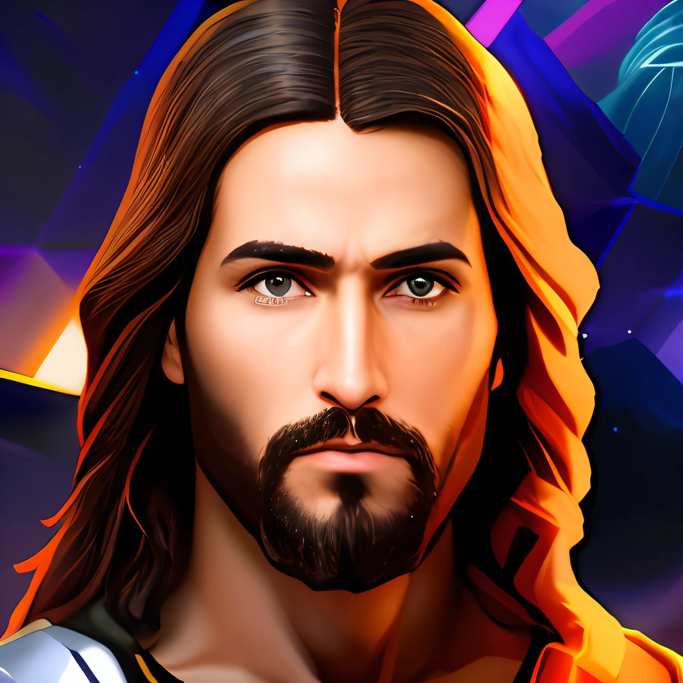 um close up de um homem com cabelos longos e barba, Cyberpunk Jesus Cristo, Jesus Cristo, Jesus Cristo em Mass Effect, rosto de jesus, Rei dos Reis, Retrato de Jesus Cristo, Tron legado Jesus Cristo, imagem do avatar, jesus of nazareth, Jesus Cristo Indo Super Saiyajin, Tron legado Jesus, arte digital estilizada, Christian, Jesus Gigachad