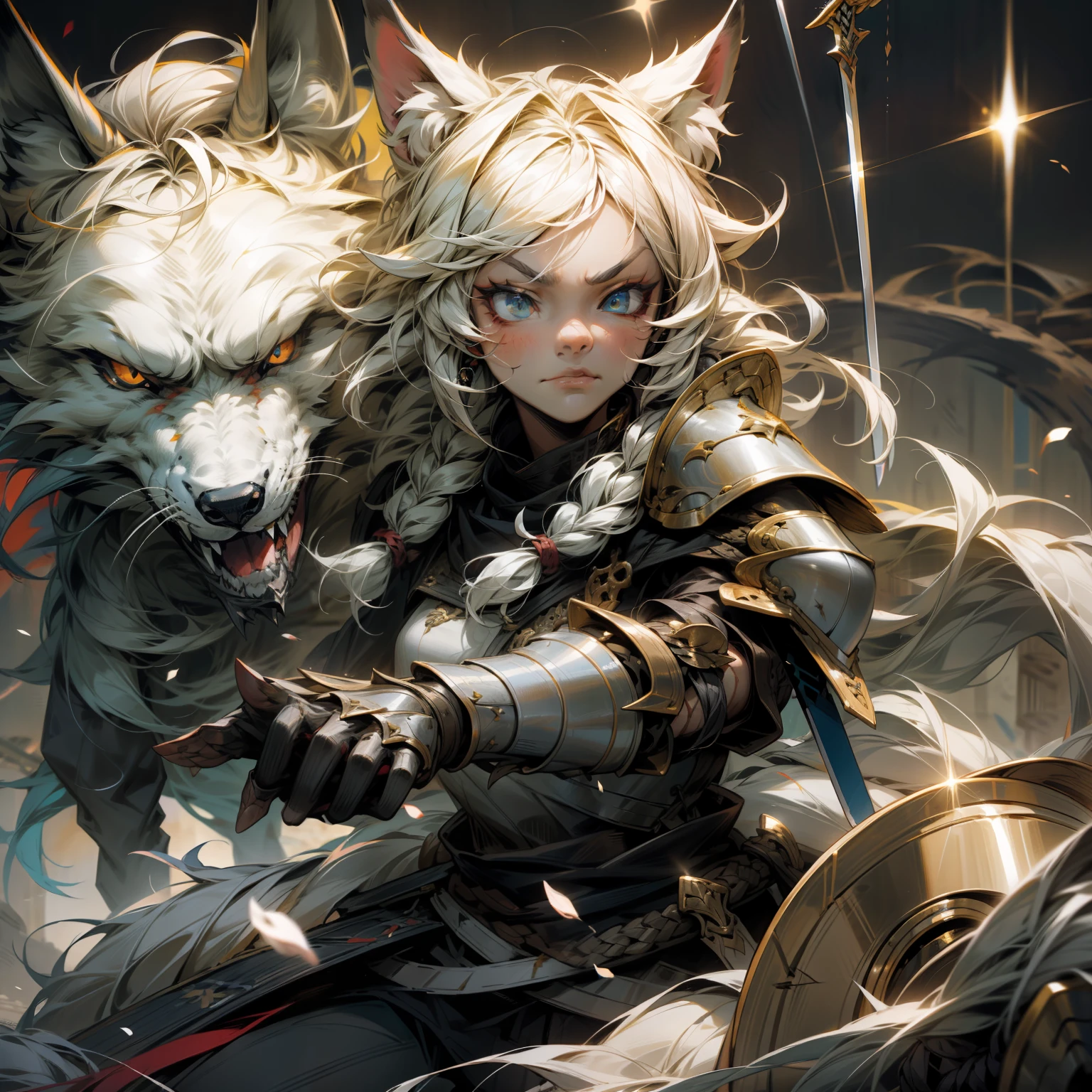 Fierce, warrior, armor, animal ears, wolf tail, sword, long braided hair, intense eyes, battle scar, beastkin