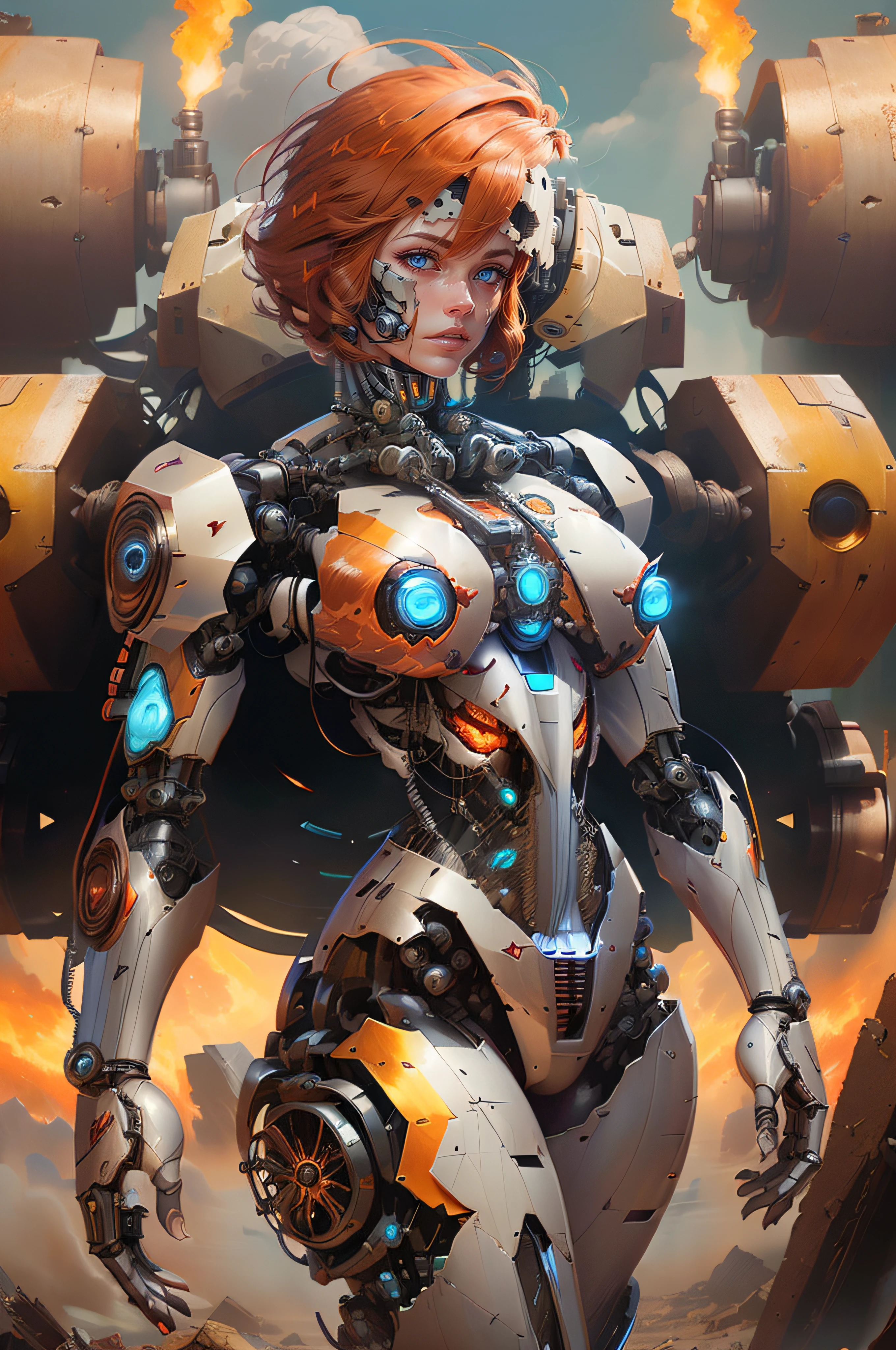 (reelmech:1.5),fighting , glowing eyes, short GINGER hair, torn tight supersuit, in a destroyed city, fire behined , glowing power aura, dynamic pose, dynamic view